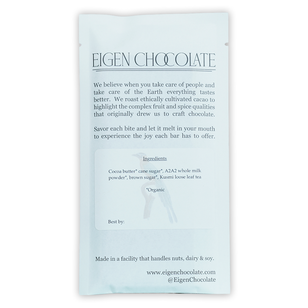 Eigen White Chocolate w/ Kusmi Tea 38% bar in light blue matte foil wrapper