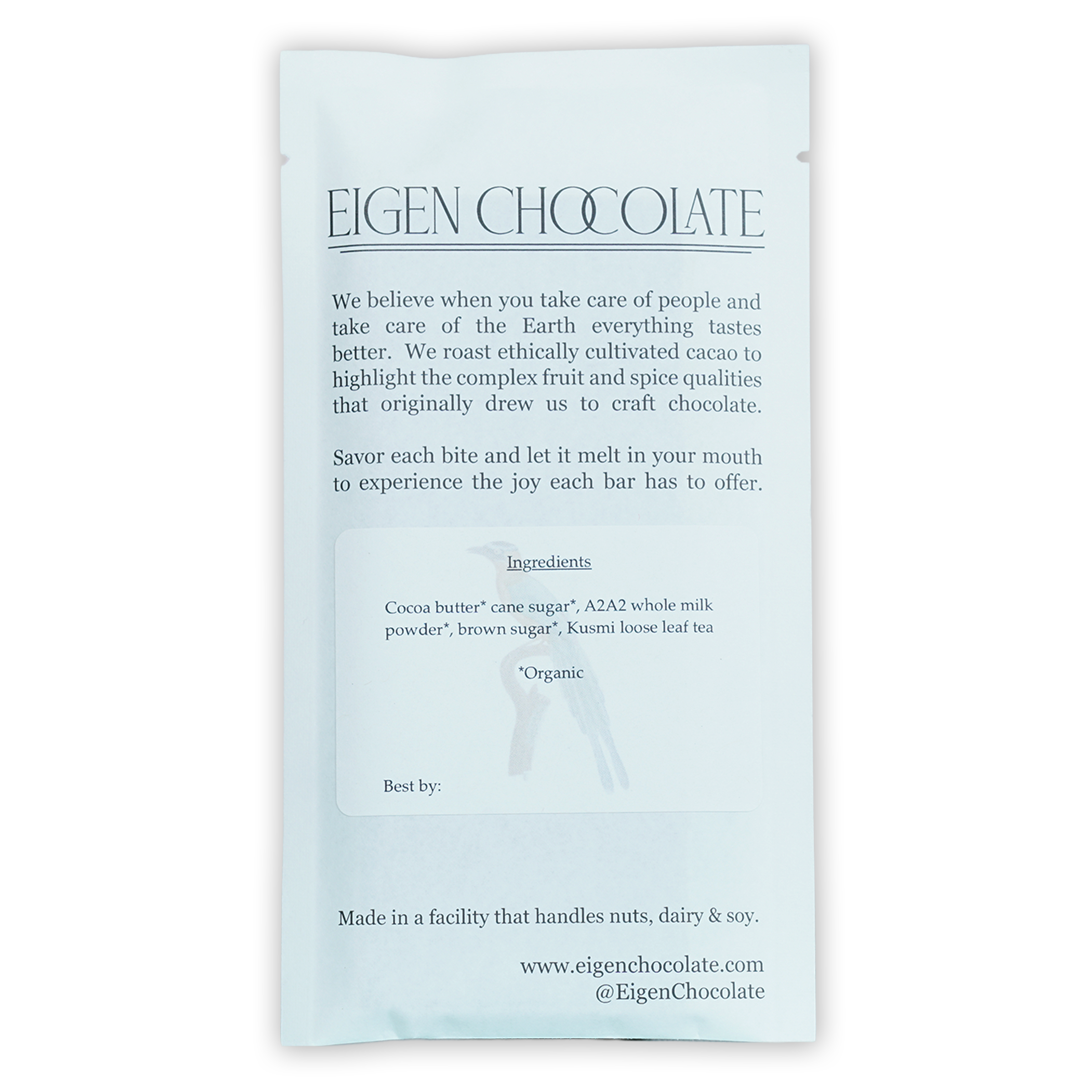Eigen White Chocolate w/ Kusmi Tea 38% bar in light blue matte foil wrapper