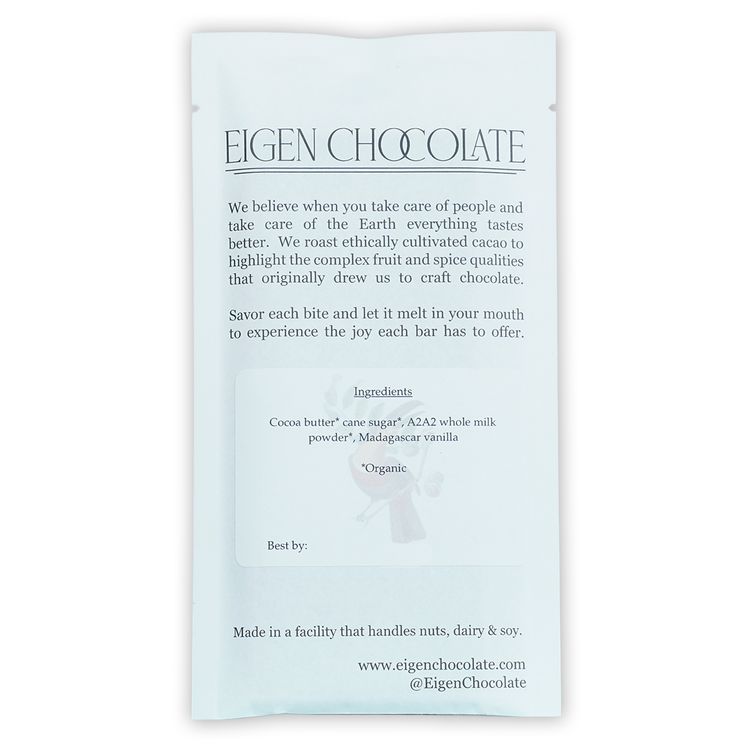 Eigen White Chocolate Dulce De Leche 38% bar in sleek white foil wrapper