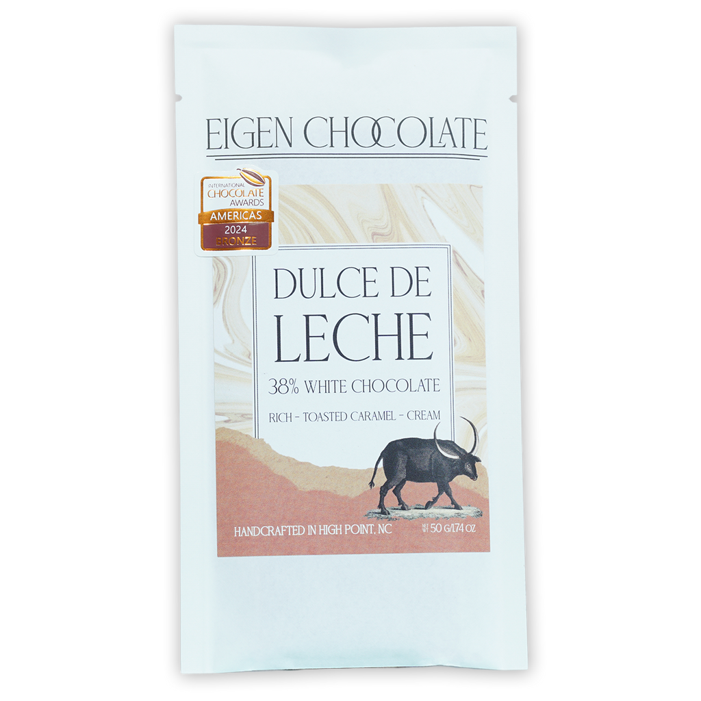 Eigen White Chocolate Dulce de Leche 38% bar, toasted caramel flavor, handcrafted in NC