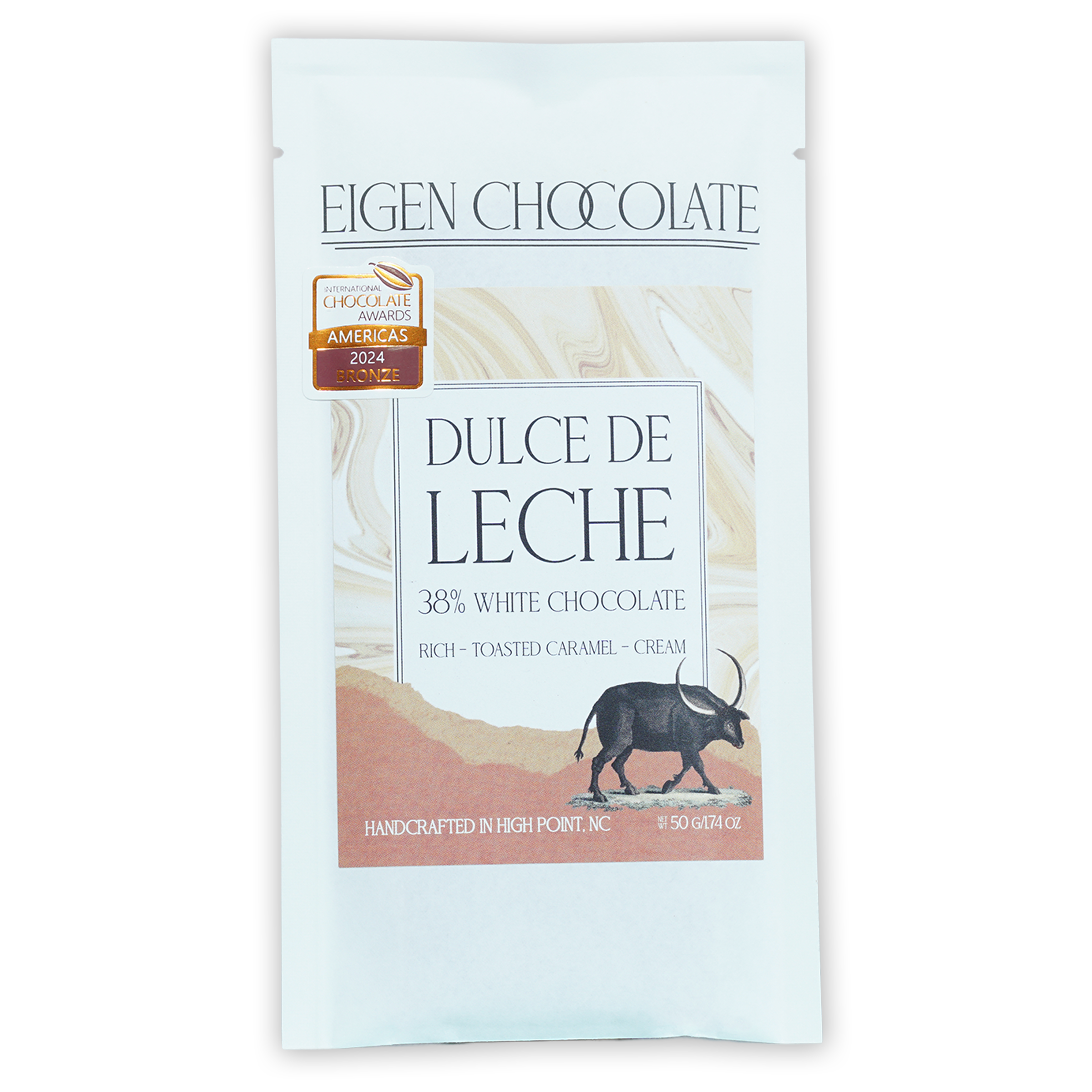 Eigen White Chocolate Dulce de Leche 38% bar, toasted caramel flavor, handcrafted in NC