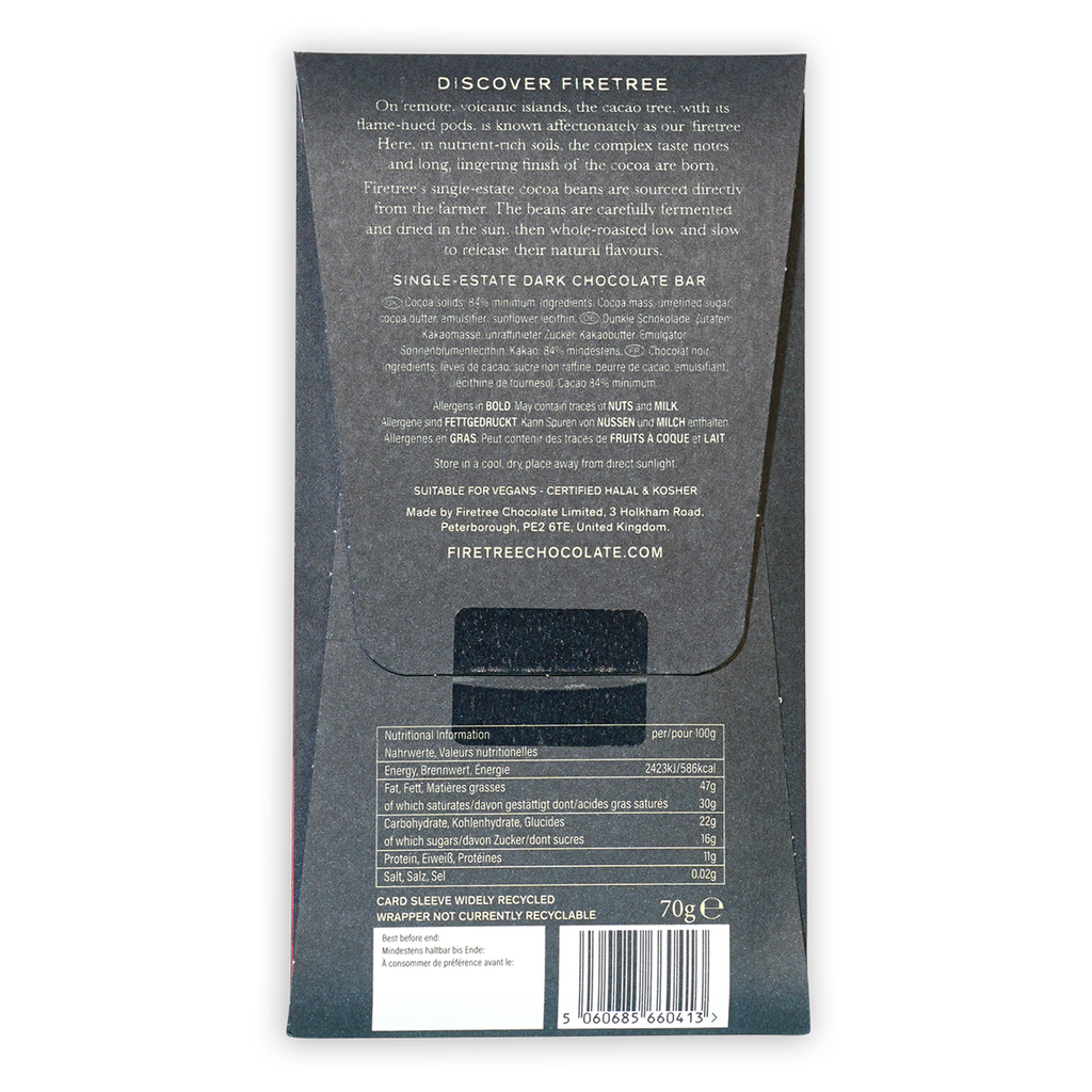 Firetree Madagascar Sambirano Valley 84% dark chocolate bar in matte black wrapper