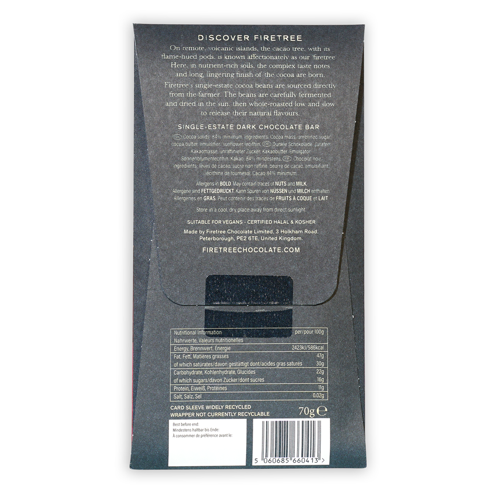 Firetree Madagascar Sambirano Valley 84% dark chocolate bar in matte black wrapper