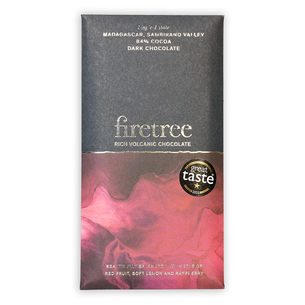 Firetree Madagascar Sambirano Valley 84% dark chocolate bar in pink gradient wrapper