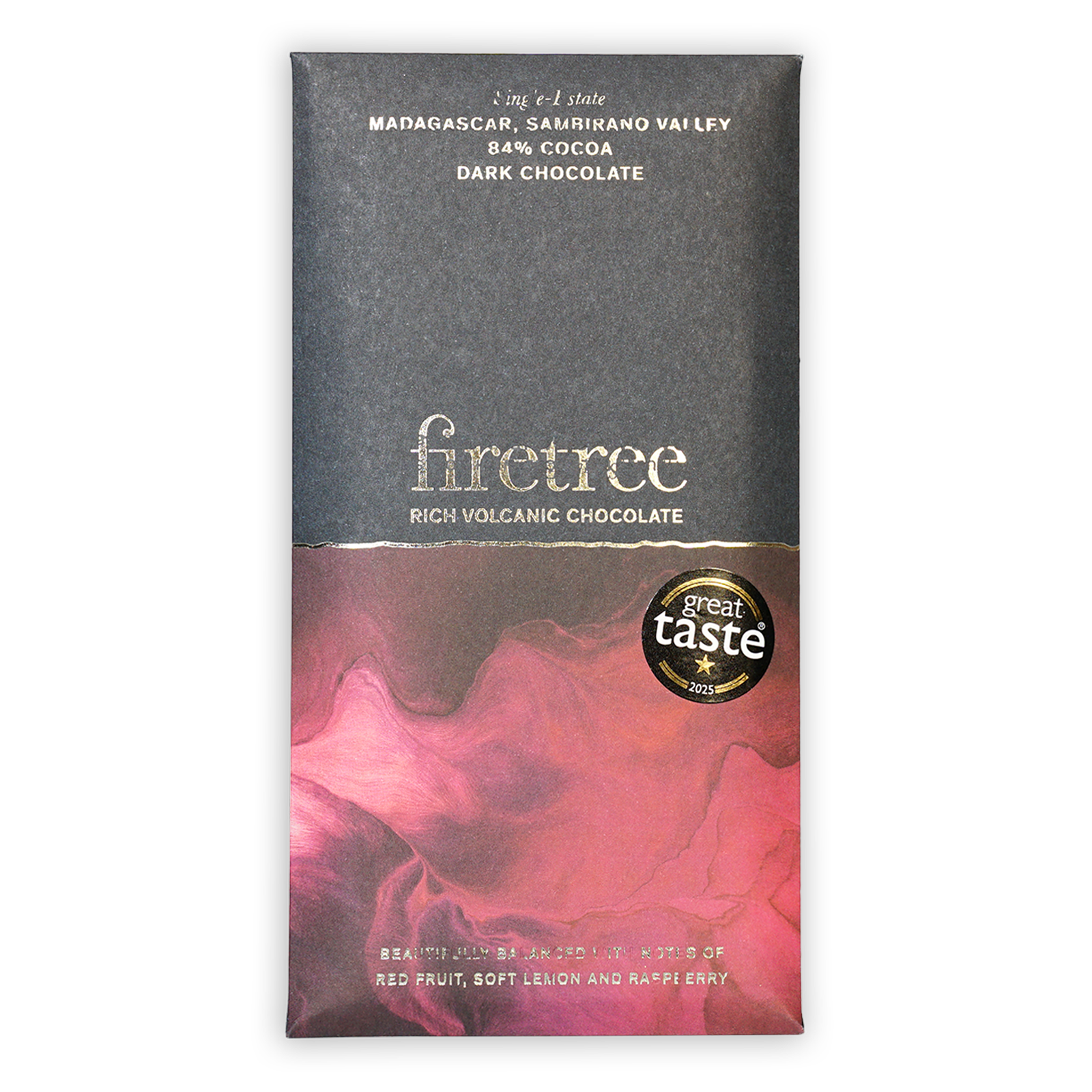 Firetree Madagascar Sambirano Valley 84% dark chocolate bar in pink gradient wrapper