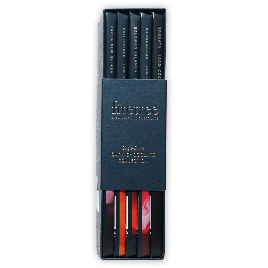 Firetree Dark Chocolate Gift Collection: 5 origin-labeled bars in navy box