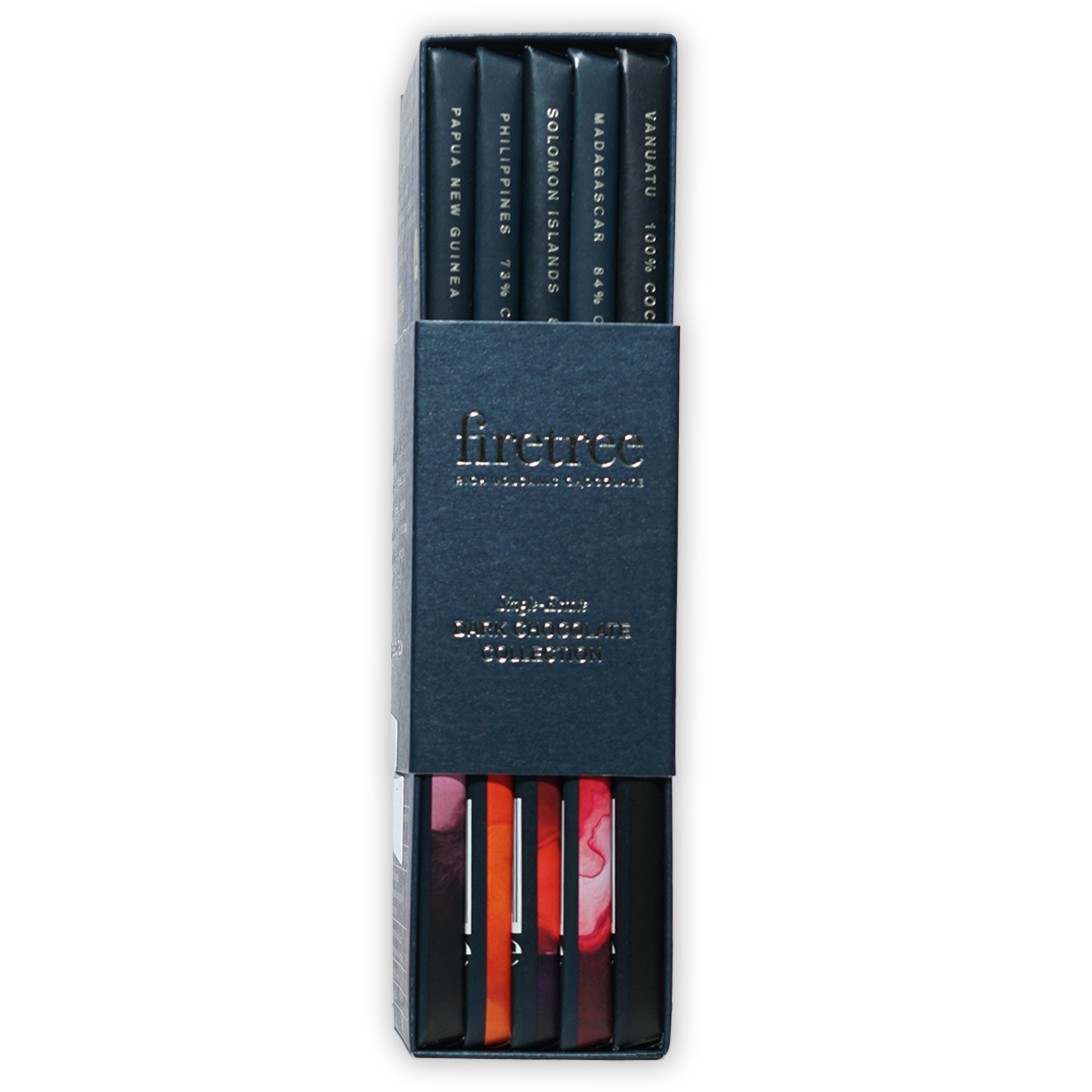 Firetree Dark Chocolate Gift Collection: 5 origin-labeled bars in navy box