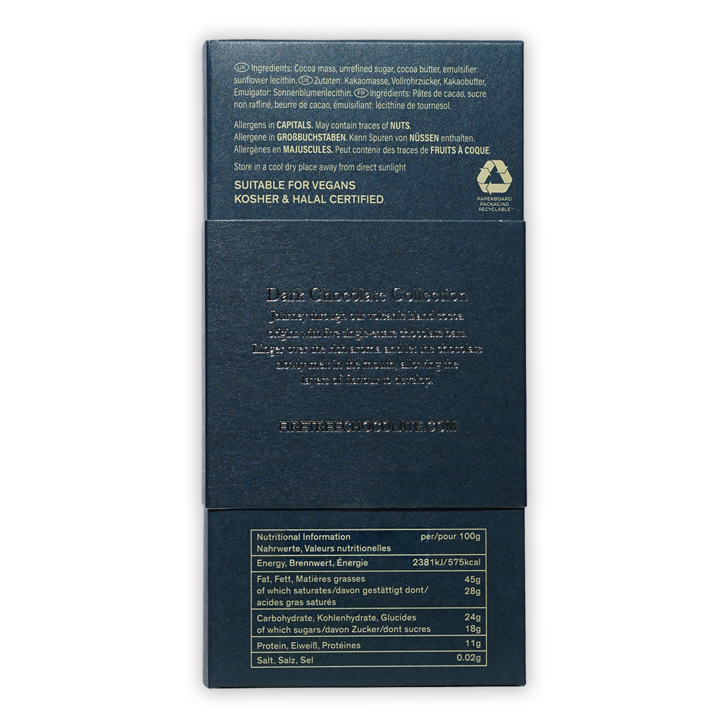 Firetree Dark Chocolate back wrapper, matte blue with embossed text