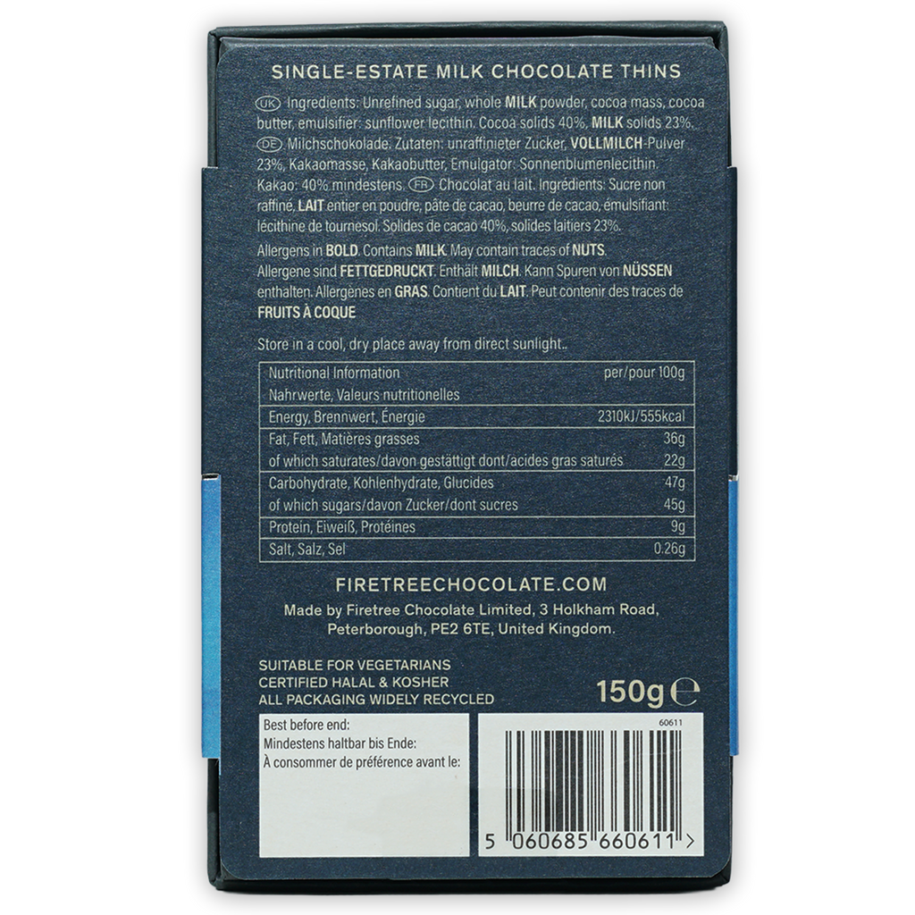 Firetree Thins Milk Solomon Islands 40% dark blue box with barcode