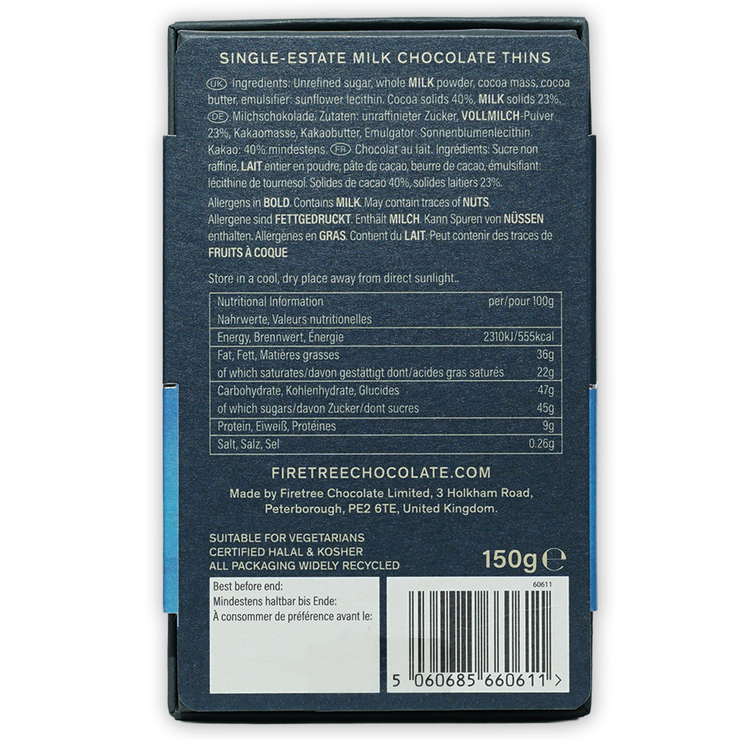 Firetree Thins Milk Solomon Islands 40% dark blue box with barcode