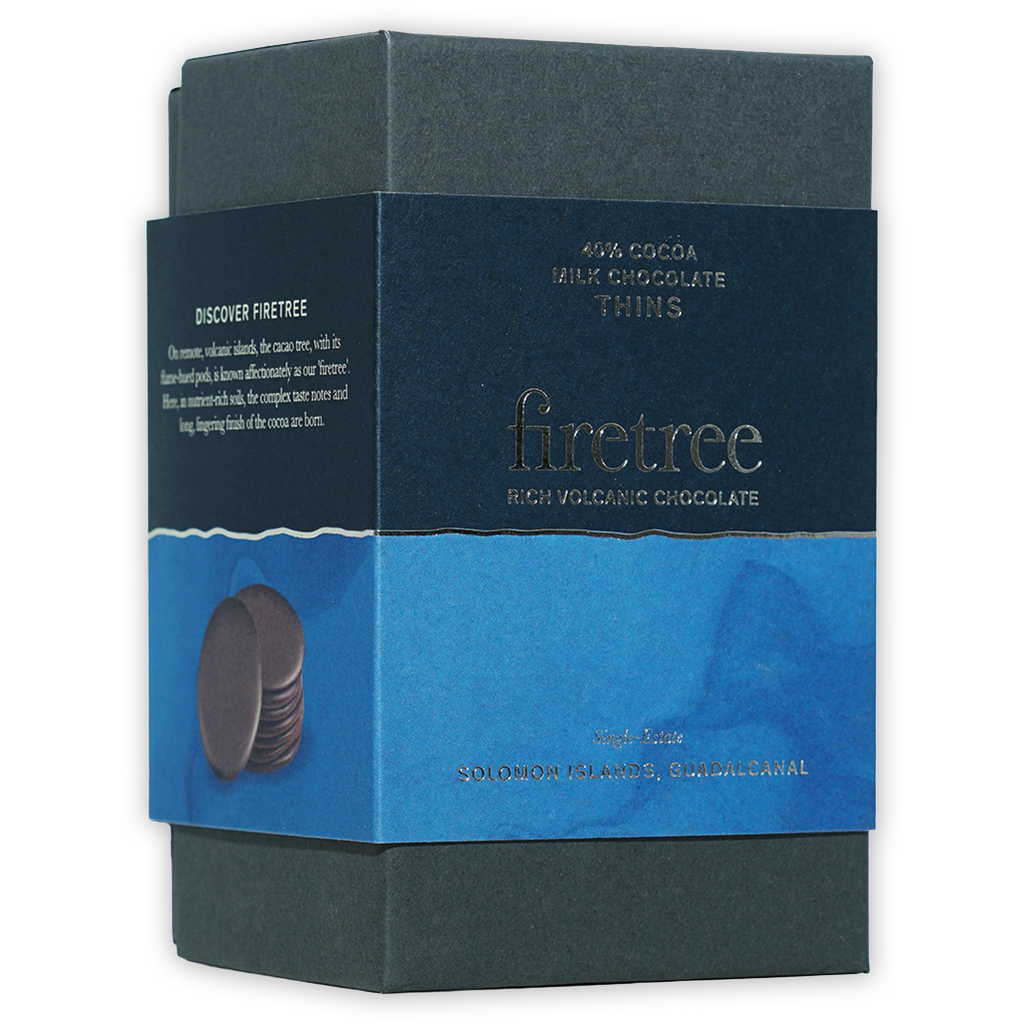 Firetree Thins Milk Solomon Islands 40% cocoa chocolate box in blue and dark gray