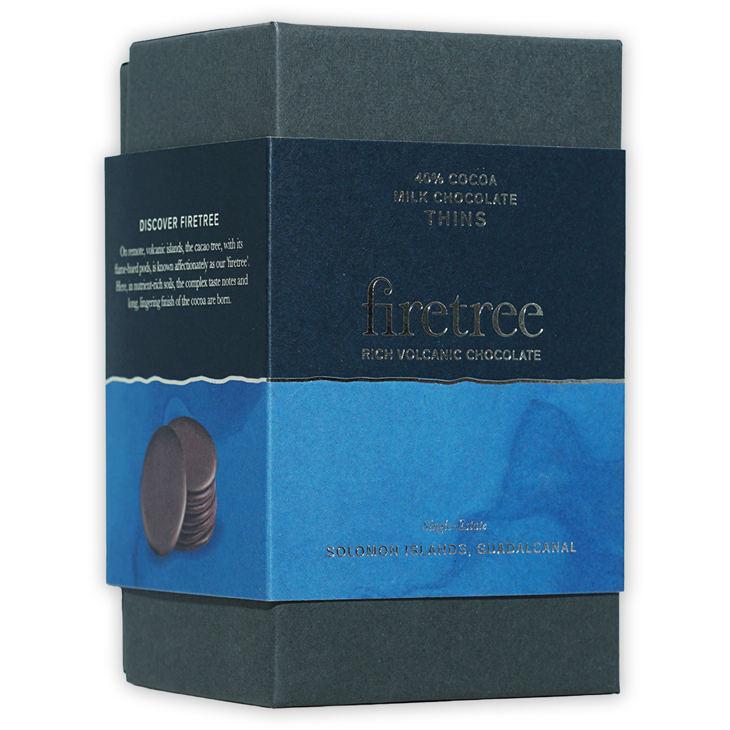 Firetree Thins Milk Solomon Islands 40% cocoa chocolate box in blue and dark gray