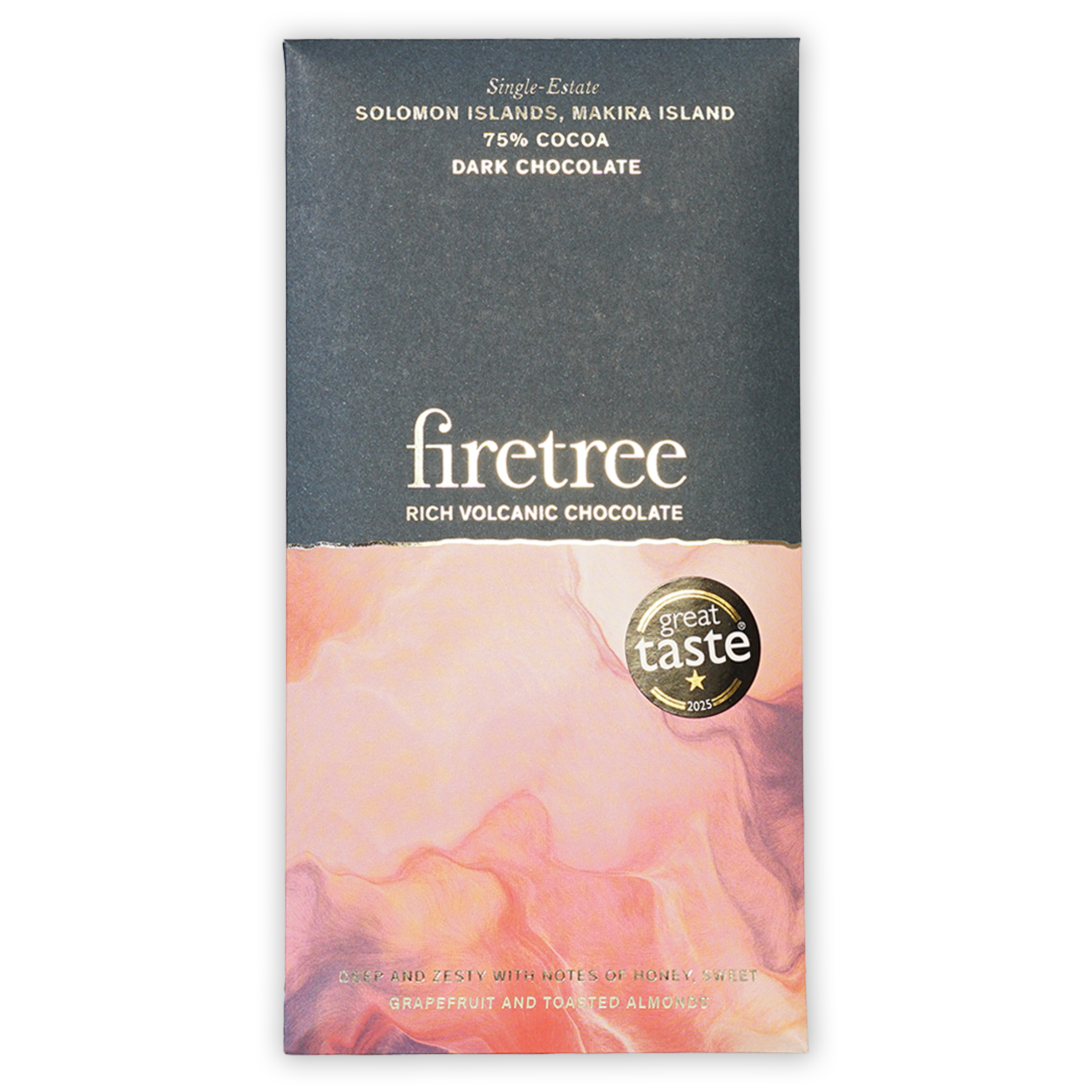 Firetree Solomon Makira Island 75% dark chocolate bar with pink marbled wrapper