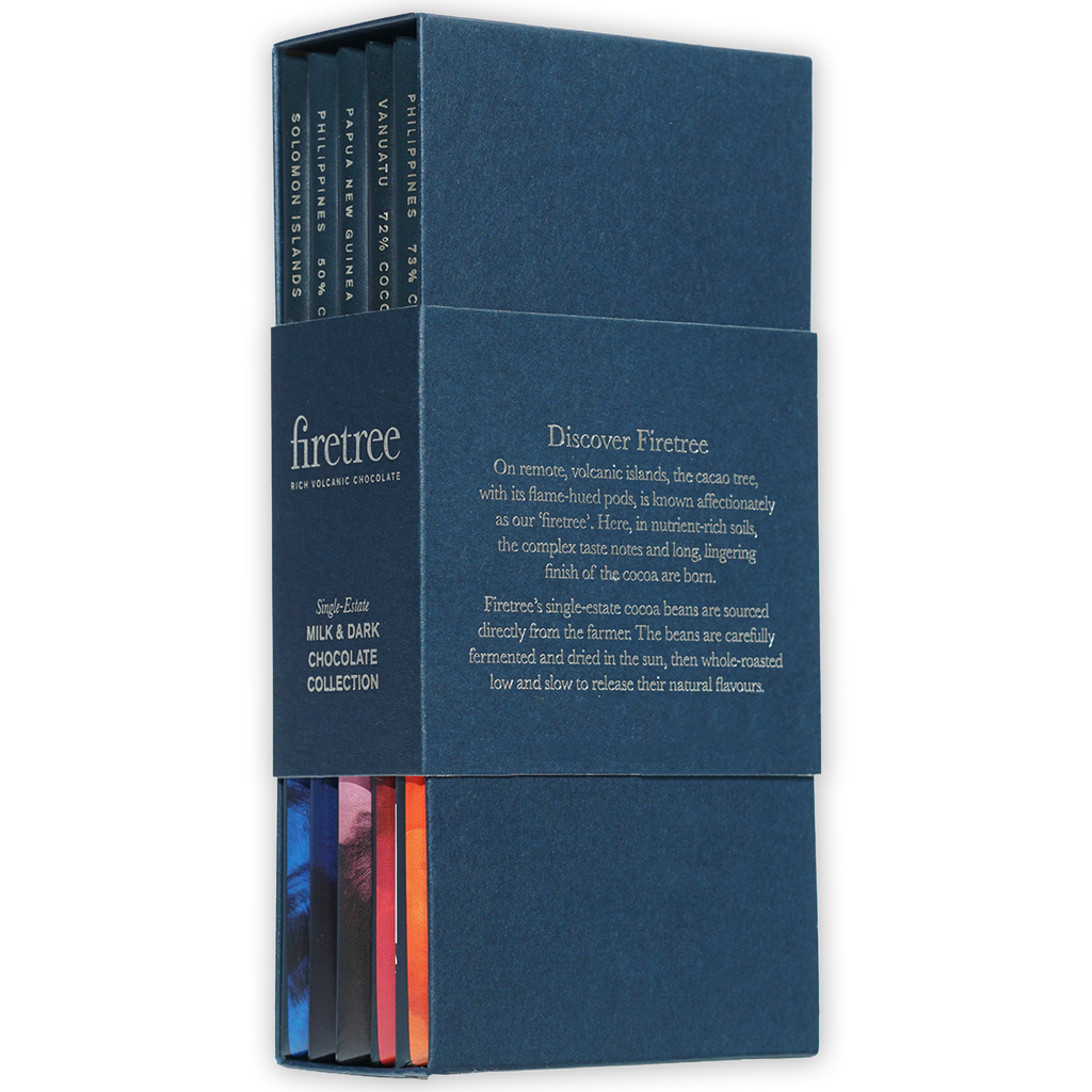 Firetree milk & dark chocolate gift collection box with deep blue firetree design and colorful striped labels