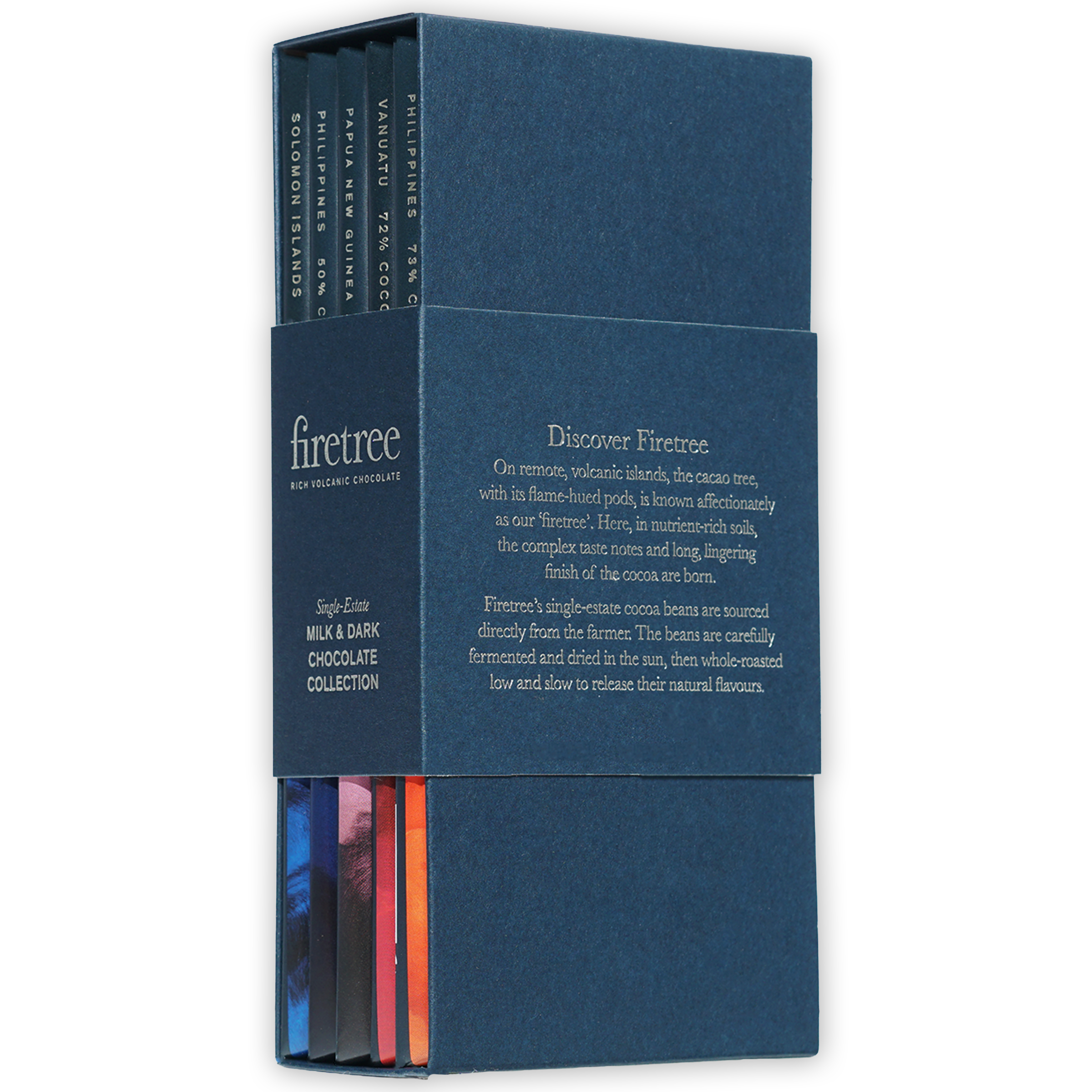 Firetree milk & dark chocolate gift collection box with deep blue firetree design and colorful striped labels