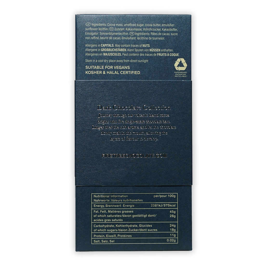 Firetree Mik & Dark Chocolate back wrapper, dark blue matte with embossed text
