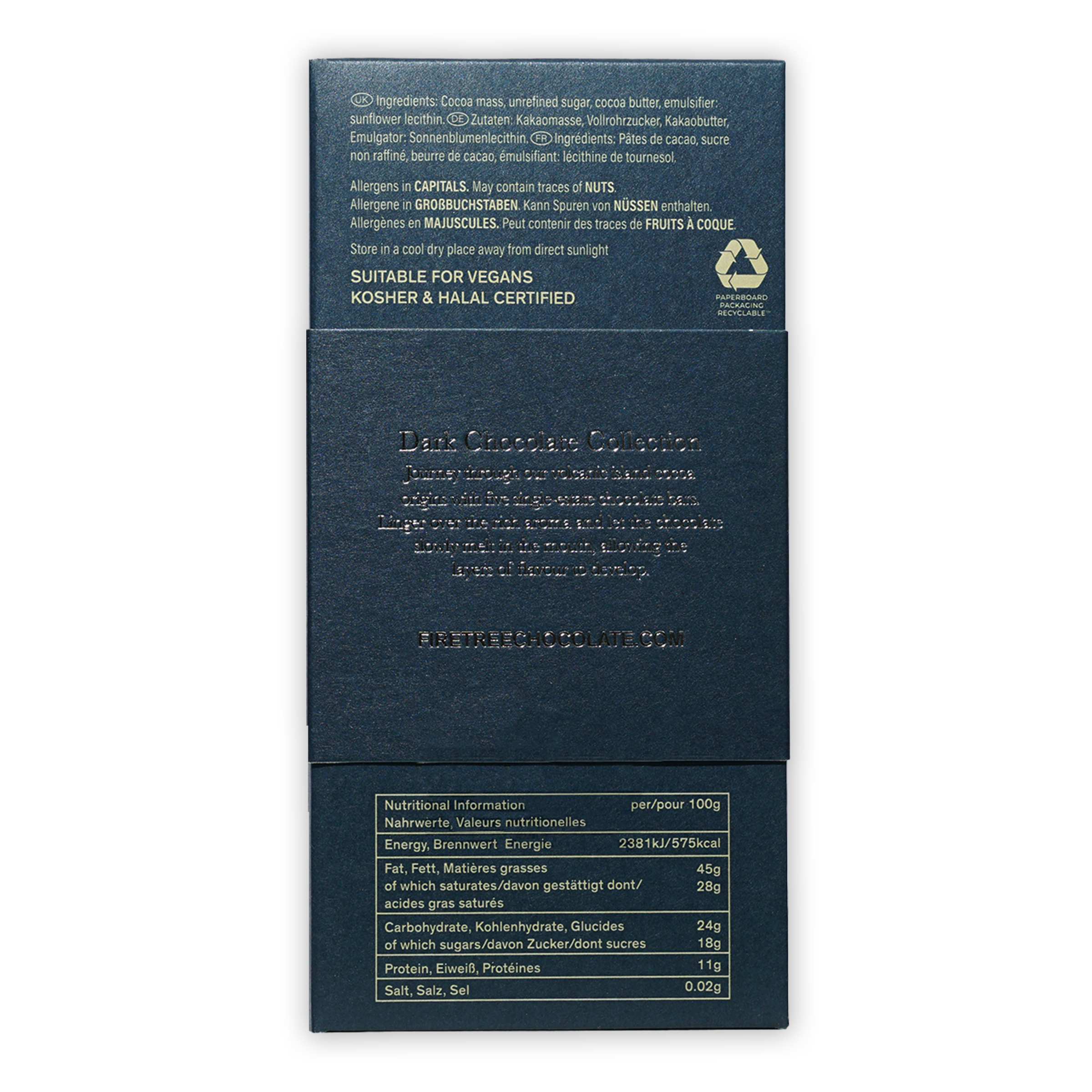 Firetree Mik & Dark Chocolate back wrapper, dark blue matte with embossed text