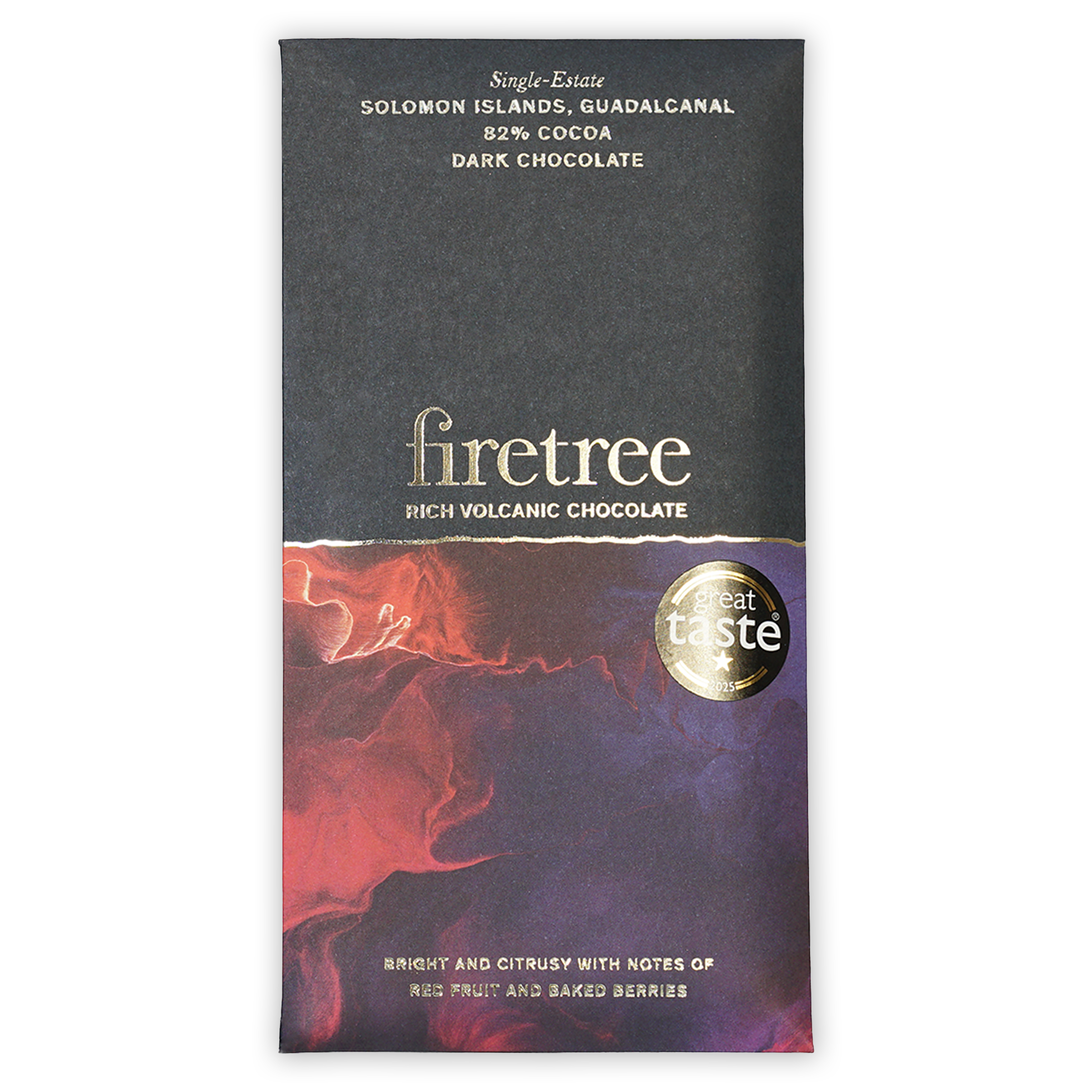 Firetree Solomon Island Guadalcanal 82% dark chocolate bar with red-orange swirl