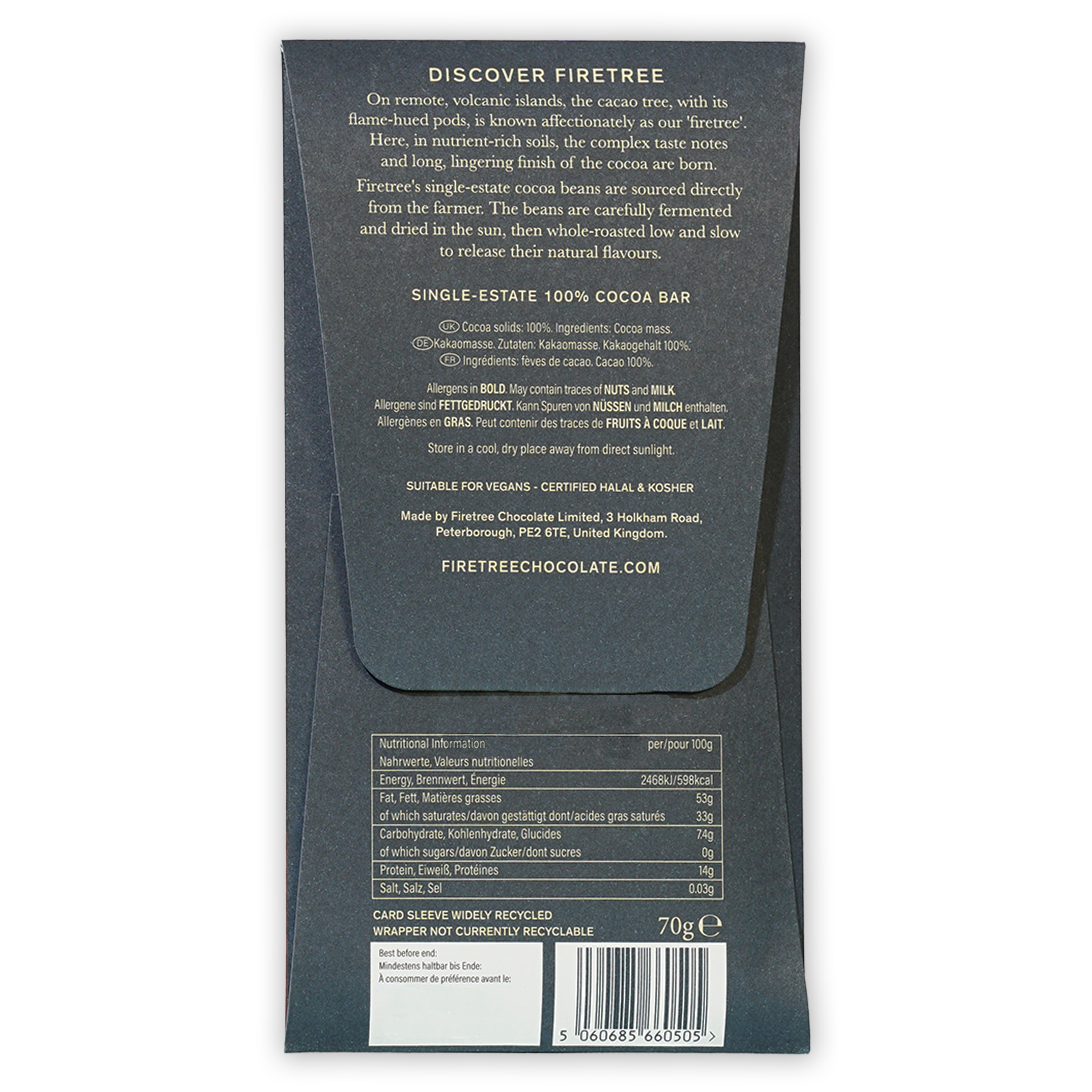 Dark gray sleeve packaging for Firetree Vanuatu Malekula 100% cocoa bar