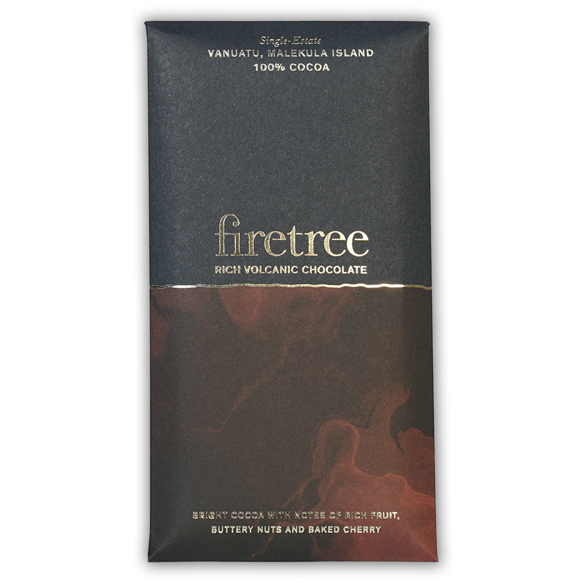Sleek black and red marbled wrapper for Firetree Vanuatu Malekula Island 100% cocoa bar