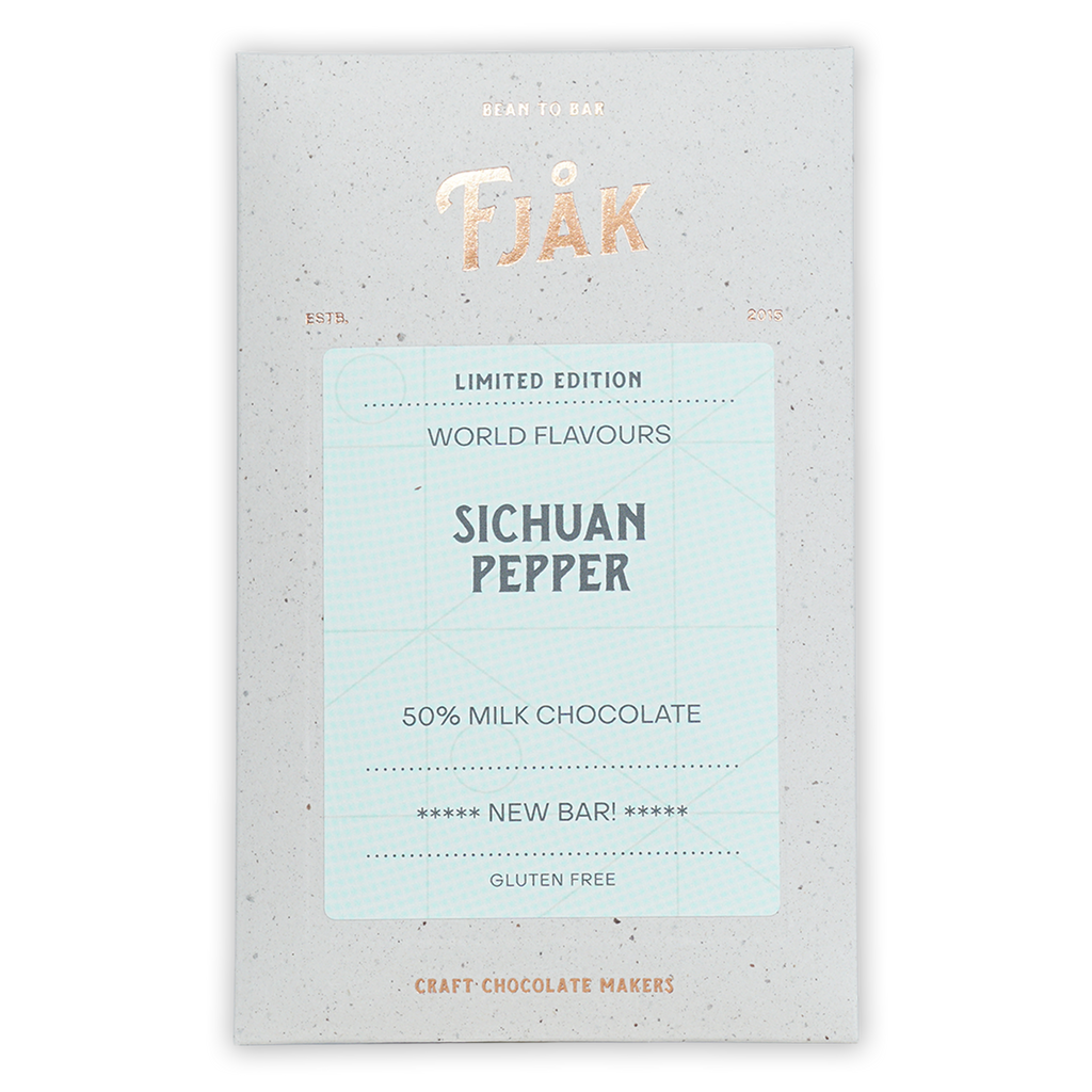 Fjåk limited edition Sichuan Pepper Milk Chocolate bar in speckled wrapper