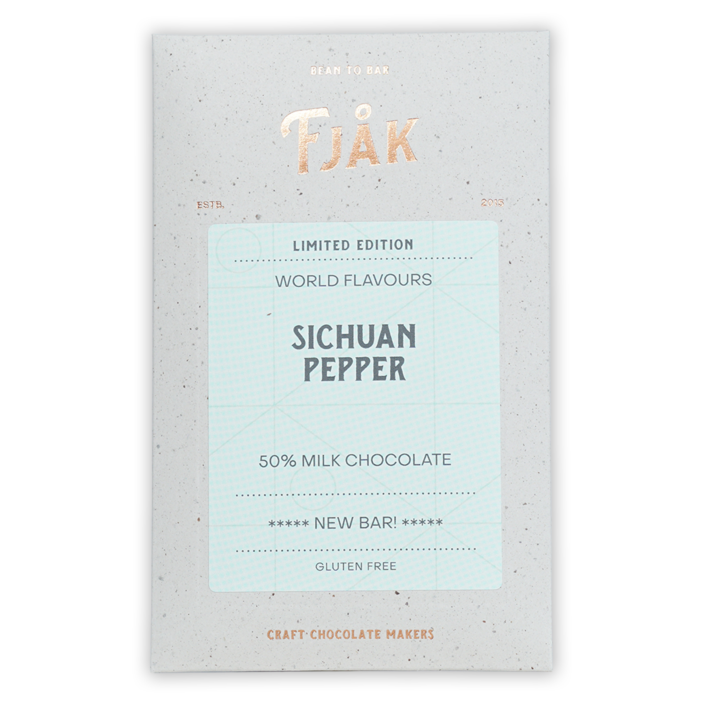 Fjåk limited edition Sichuan Pepper Milk Chocolate bar in speckled wrapper