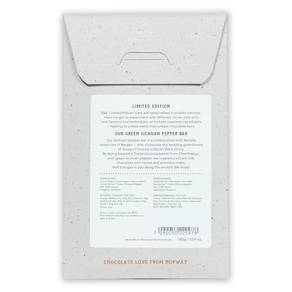 Fjak Sichuan Pepper Milk Chocolate 50% limited edition wrapper