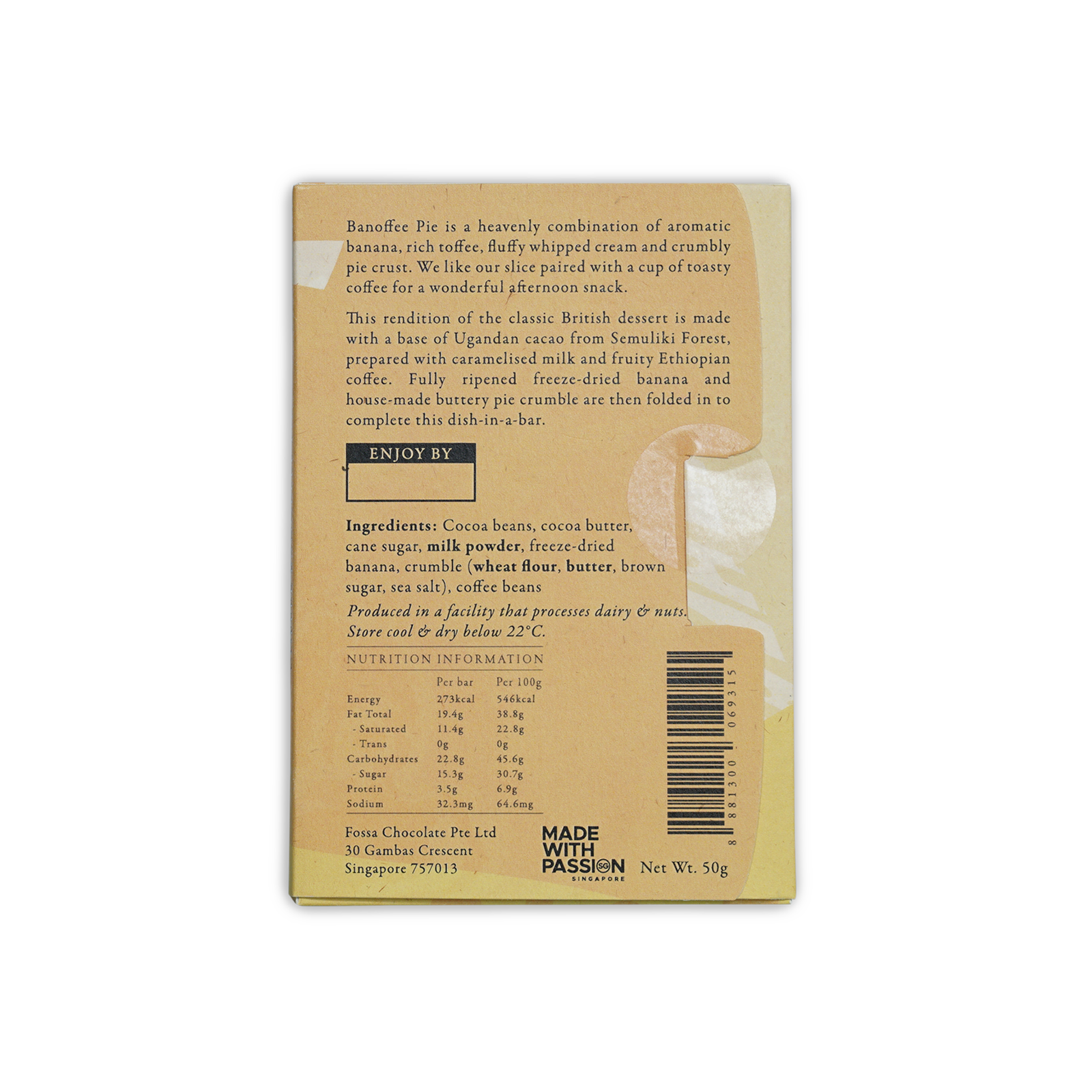 Fossa Coffee Banoffee Pie 52% beige box back with nutrition info
