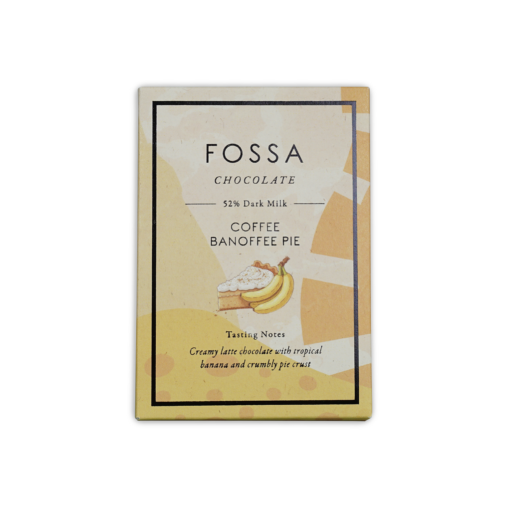 Fossa Coffee Banoffee Pie 52% dark milk bar in cream gold foil wrapper