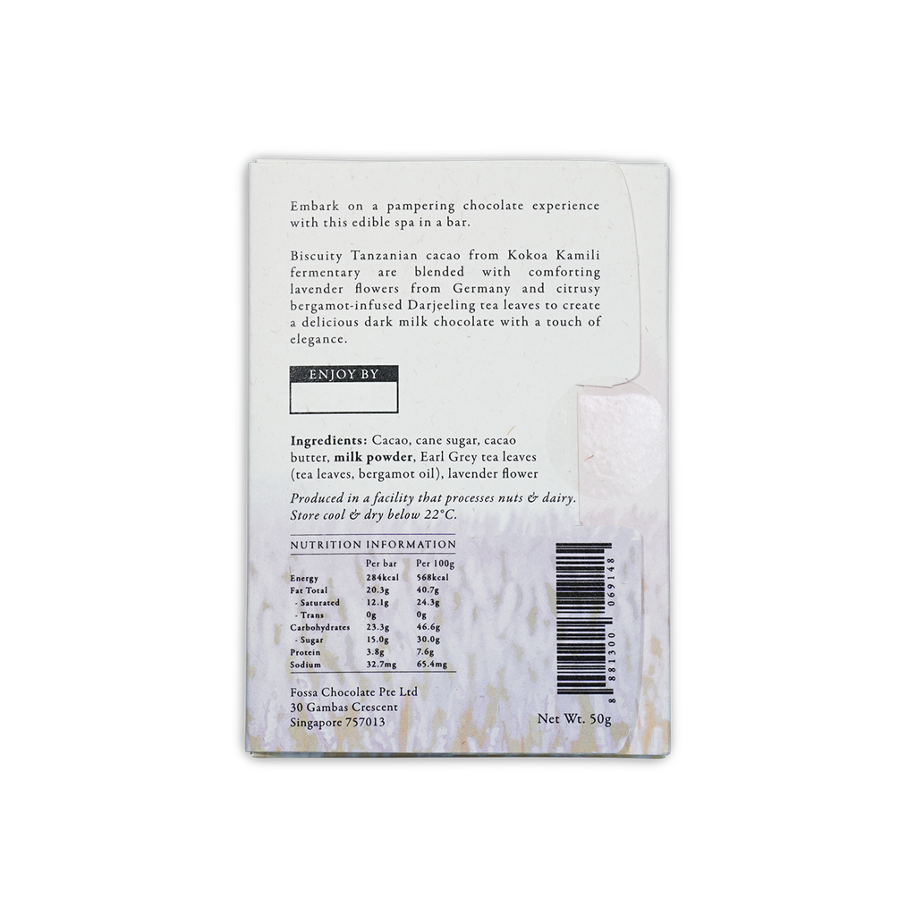 Back of Fossa Earl Grey Lavender Dark Milk Chocolate 54% wrapper with ingredients