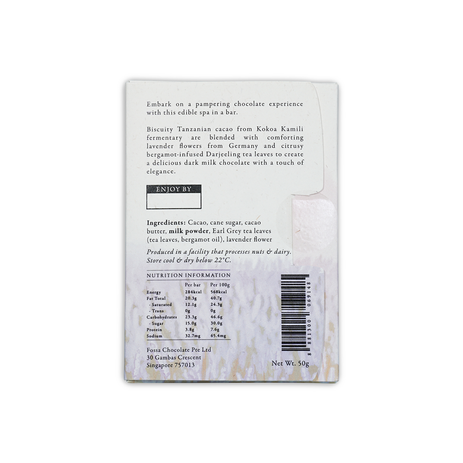 Back of Fossa Earl Grey Lavender Dark Milk Chocolate 54% wrapper with ingredients
