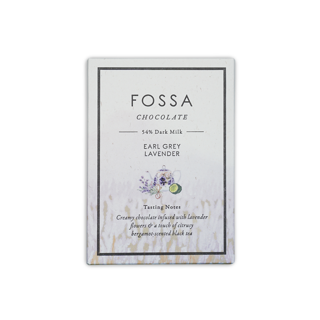 Fossa Earl Grey Lavender 54% dark milk chocolate bar in white box