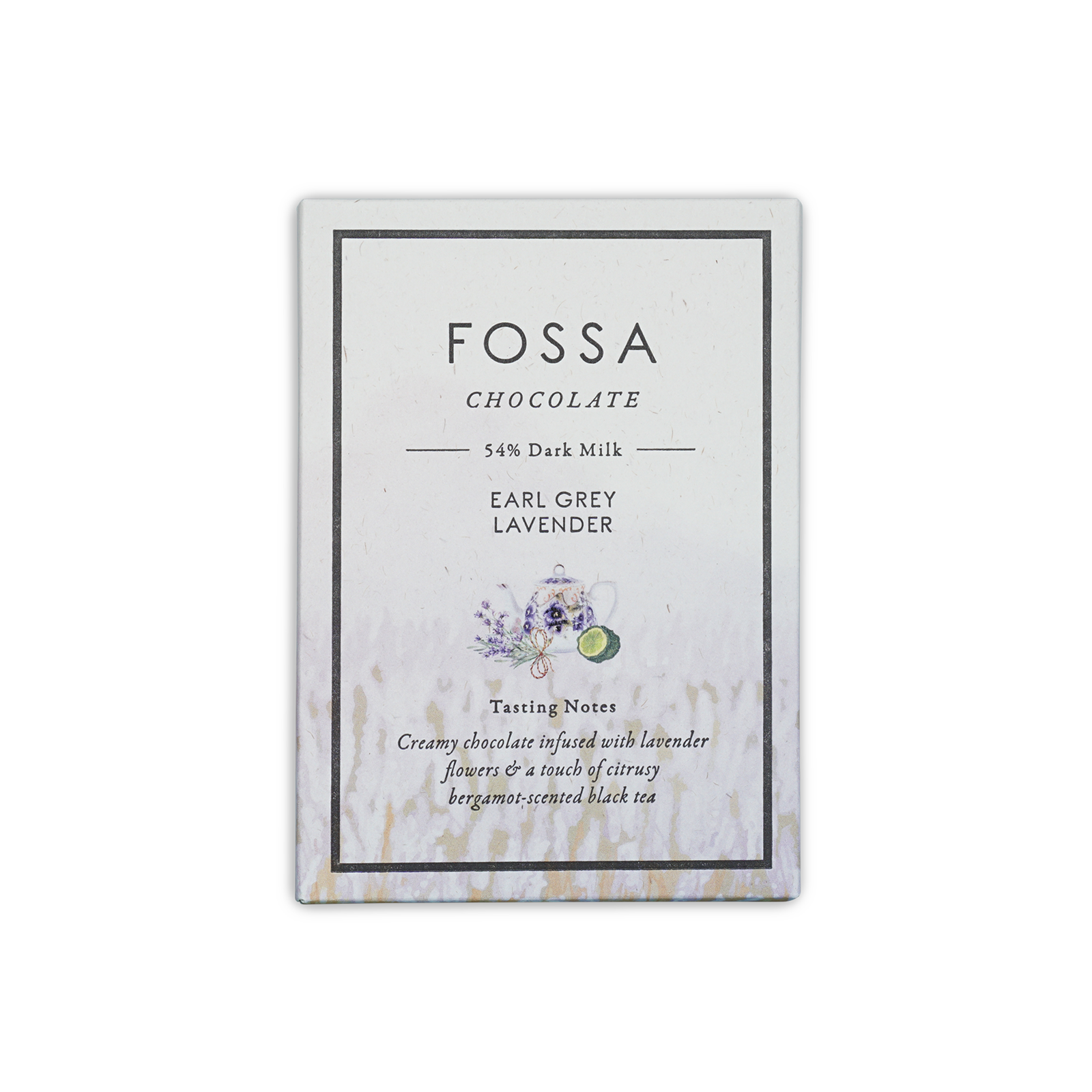 Fossa Earl Grey Lavender 54% dark milk chocolate bar in white box
