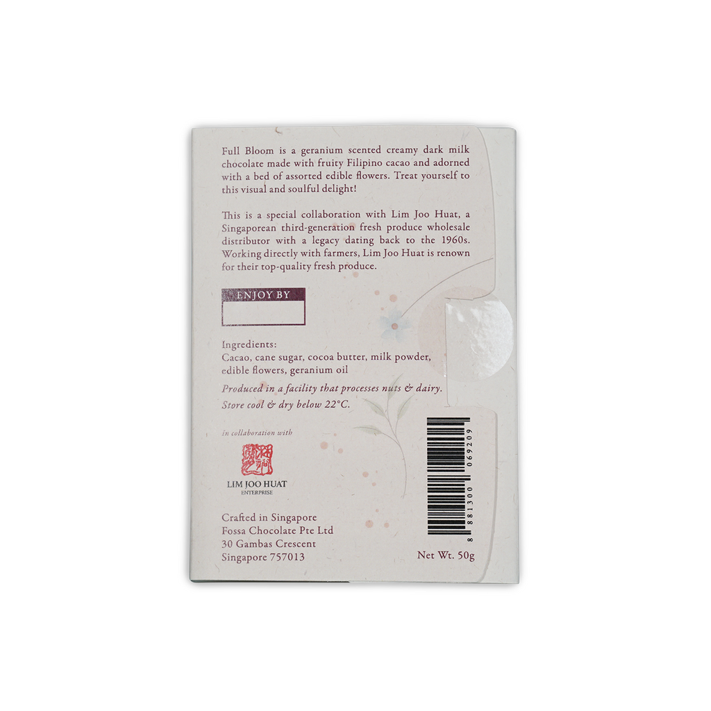Fossa Full Bloom Dark Milk Chocolate 54% geranium-scented bar wrapper