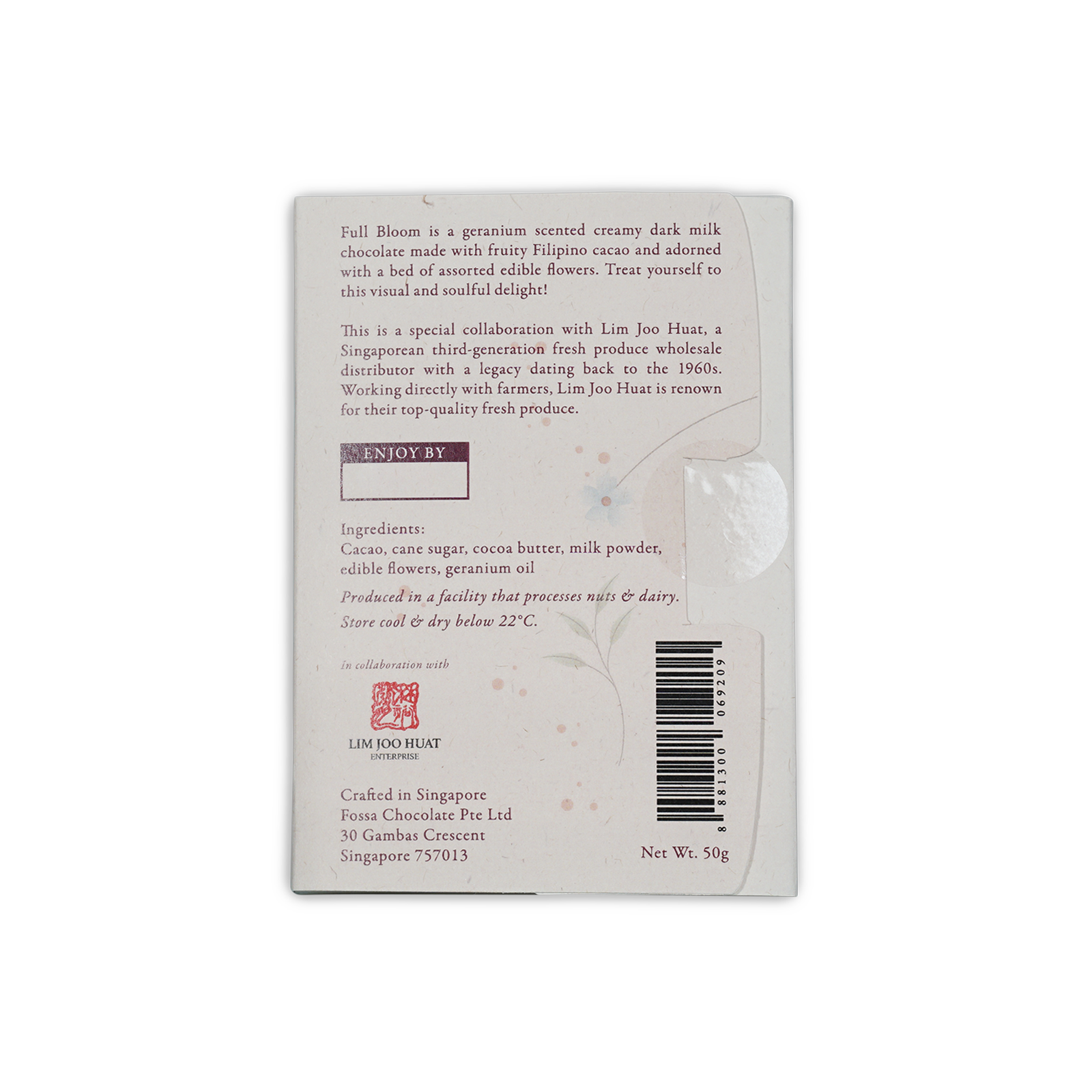Fossa Full Bloom Dark Milk Chocolate 54% geranium-scented bar wrapper