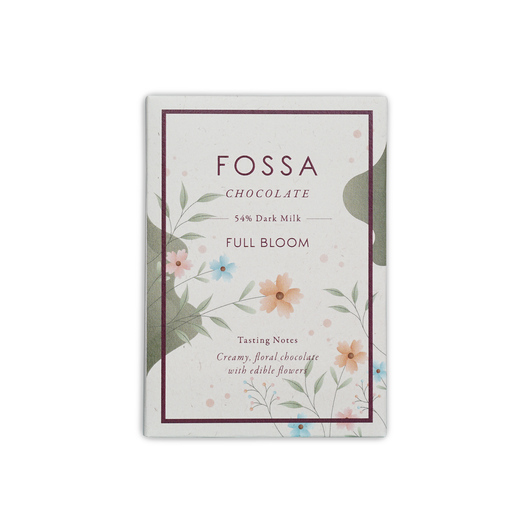 Fossa Full Bloom 54% dark milk chocolate bar in white floral box