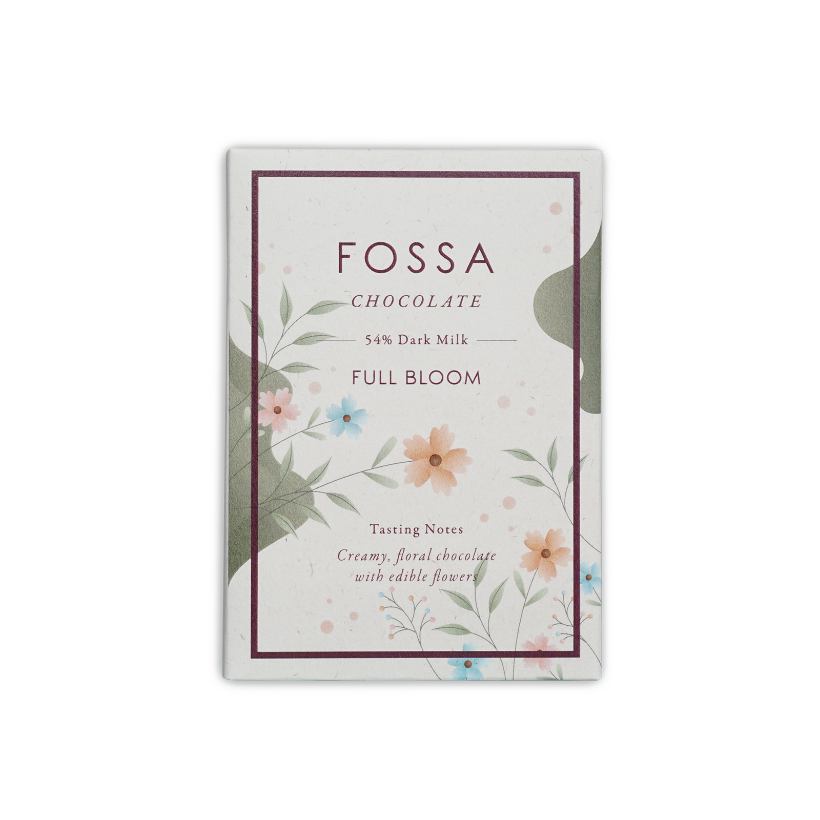 Fossa Full Bloom 54% dark milk chocolate bar in white floral box