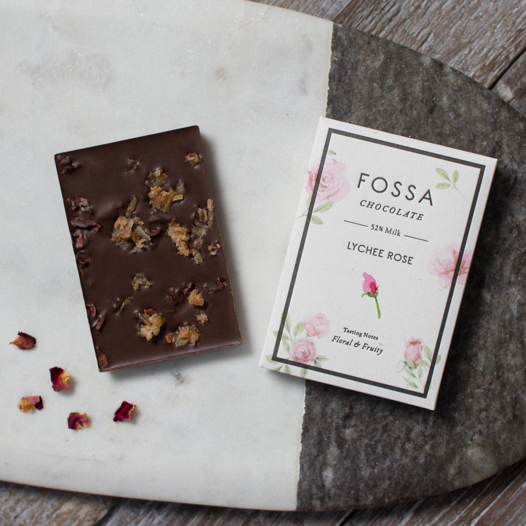 Fossa Dark Milk Chocolate Lychee Rose 54% bar with lychee and rose petals