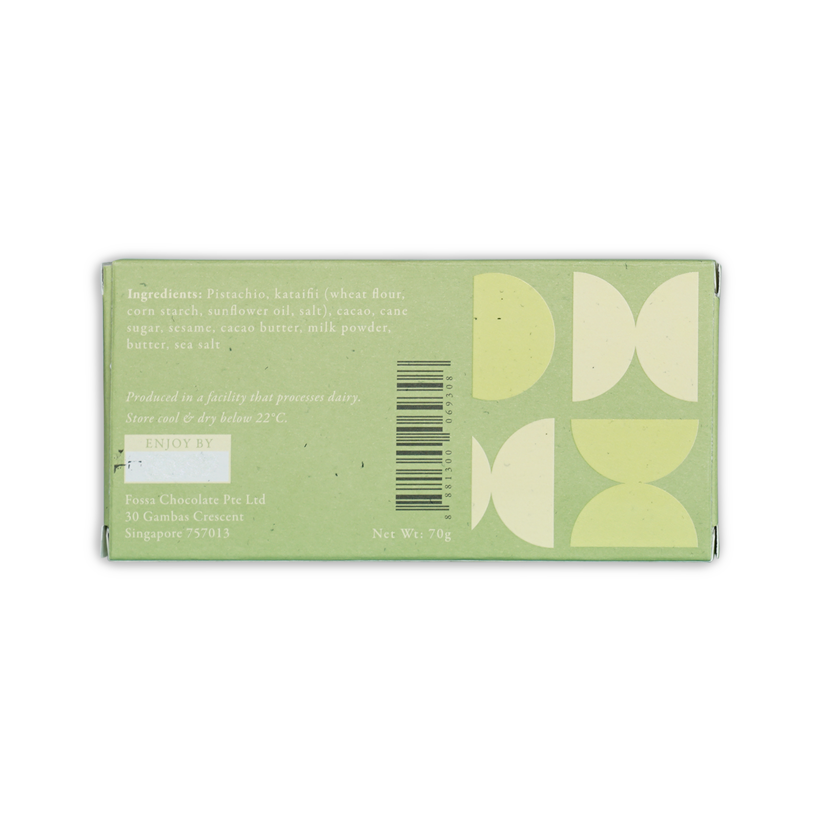 Back of Fossa Milk Pistachio Meltaway Knafeh: light green box with white patterns