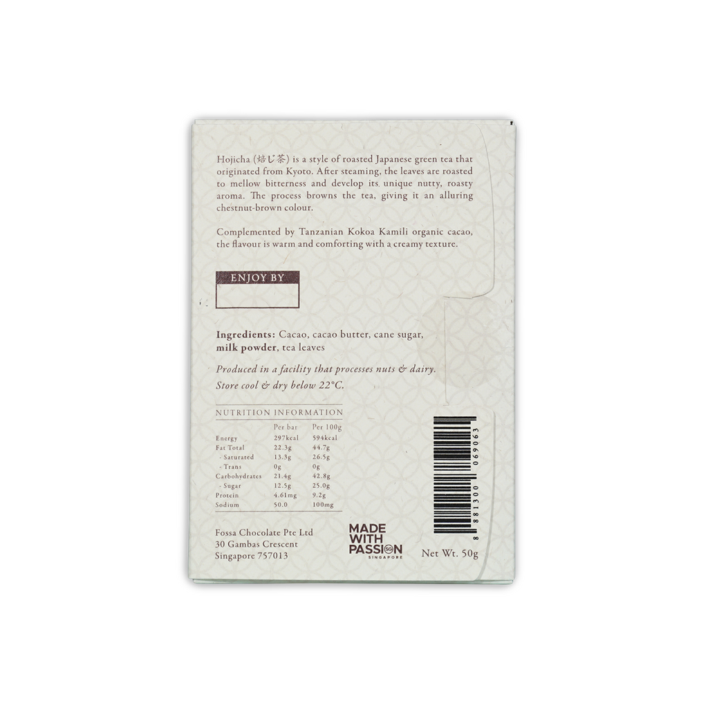 Fossa Uji Houjicha Tea Milk Chocolate 53% white package with barcode
