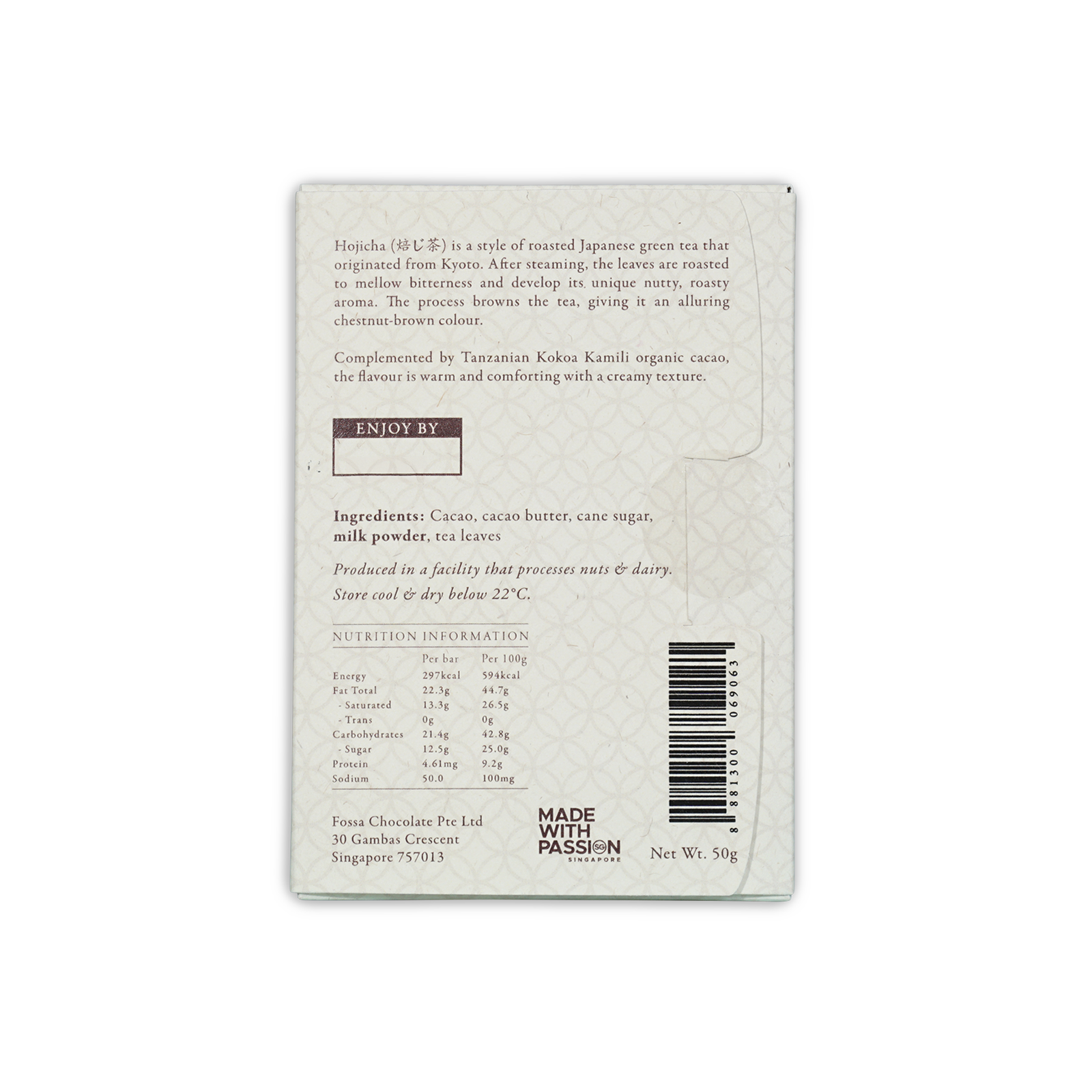 Fossa Uji Houjicha Tea Milk Chocolate 53% white package with barcode