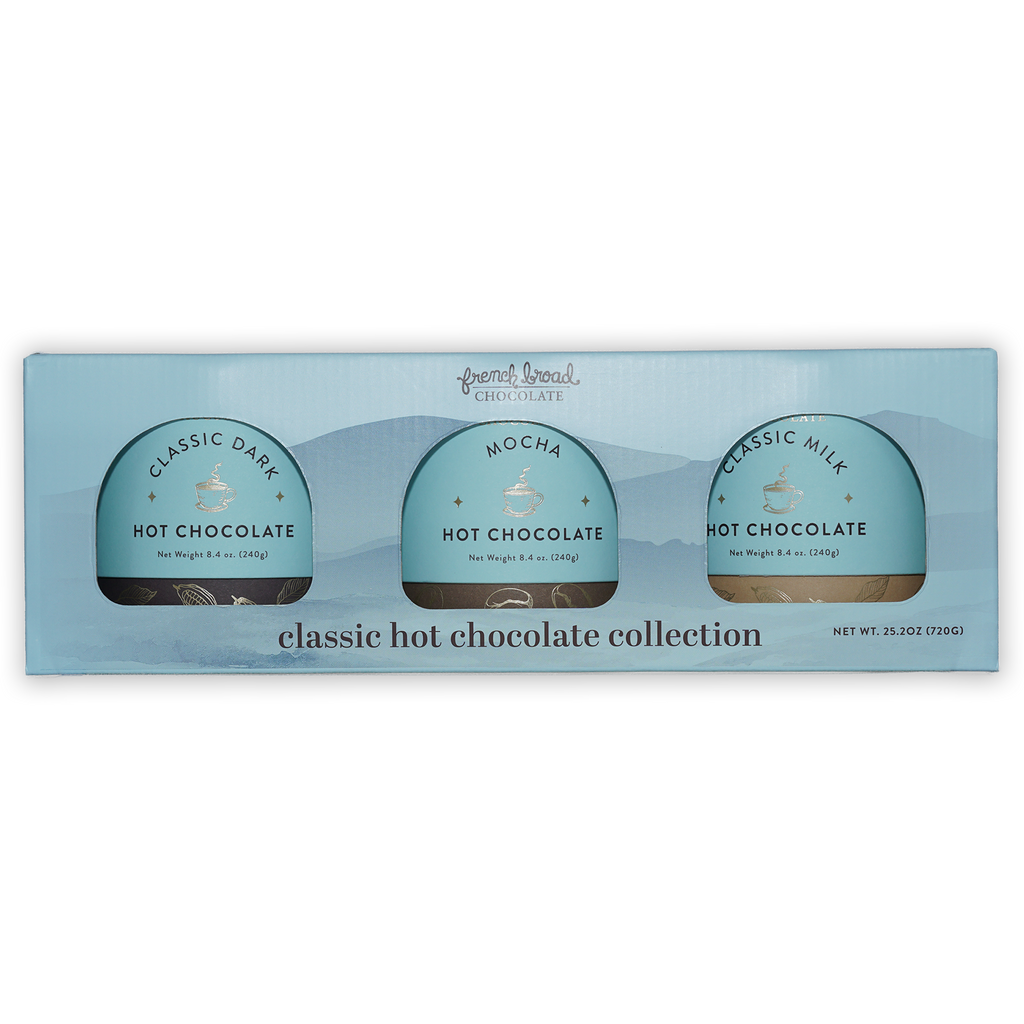 French Broad Classic Hot Chocolate Collection in light blue box with dark mocha milk pots