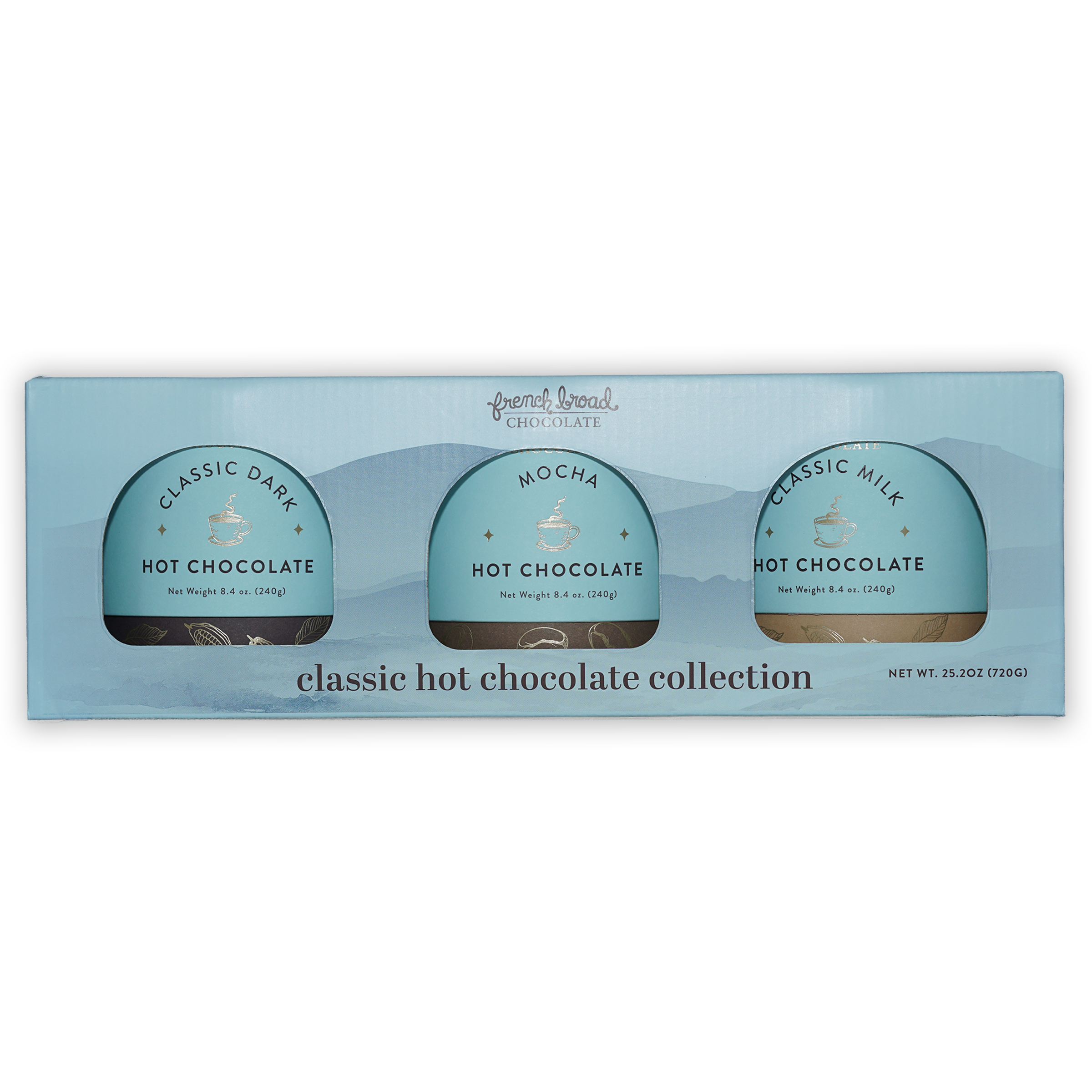 French Broad Classic Hot Chocolate Collection in light blue box with dark mocha milk pots