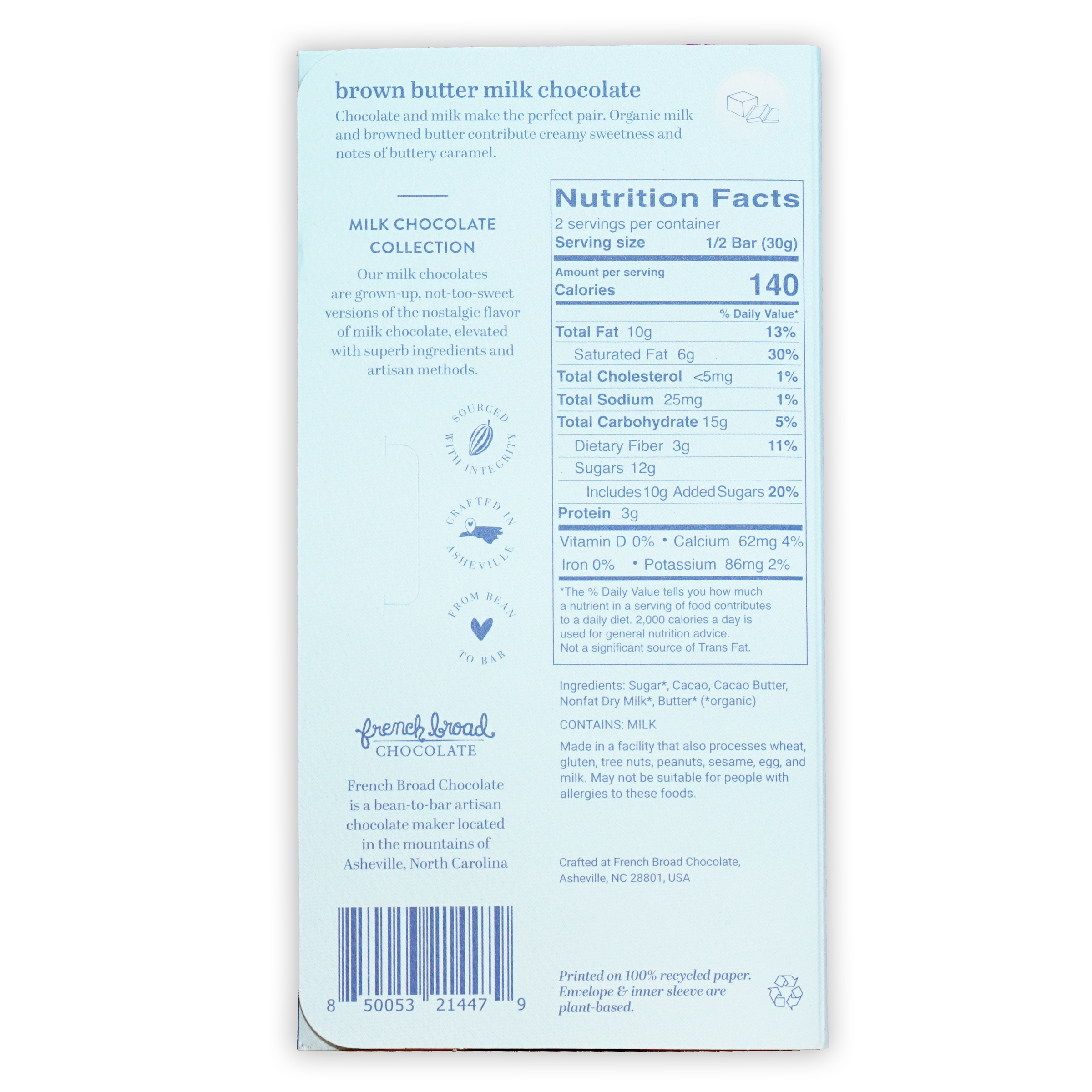 French Broad milk chocolate bar with brown butter 45% package