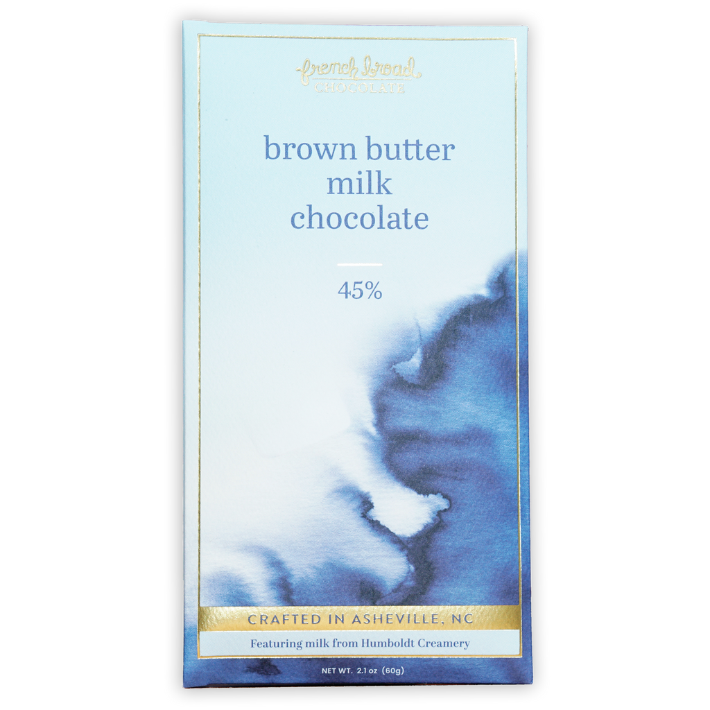 French Broad brown butter milk chocolate bar 45% in blue gold wrapper
