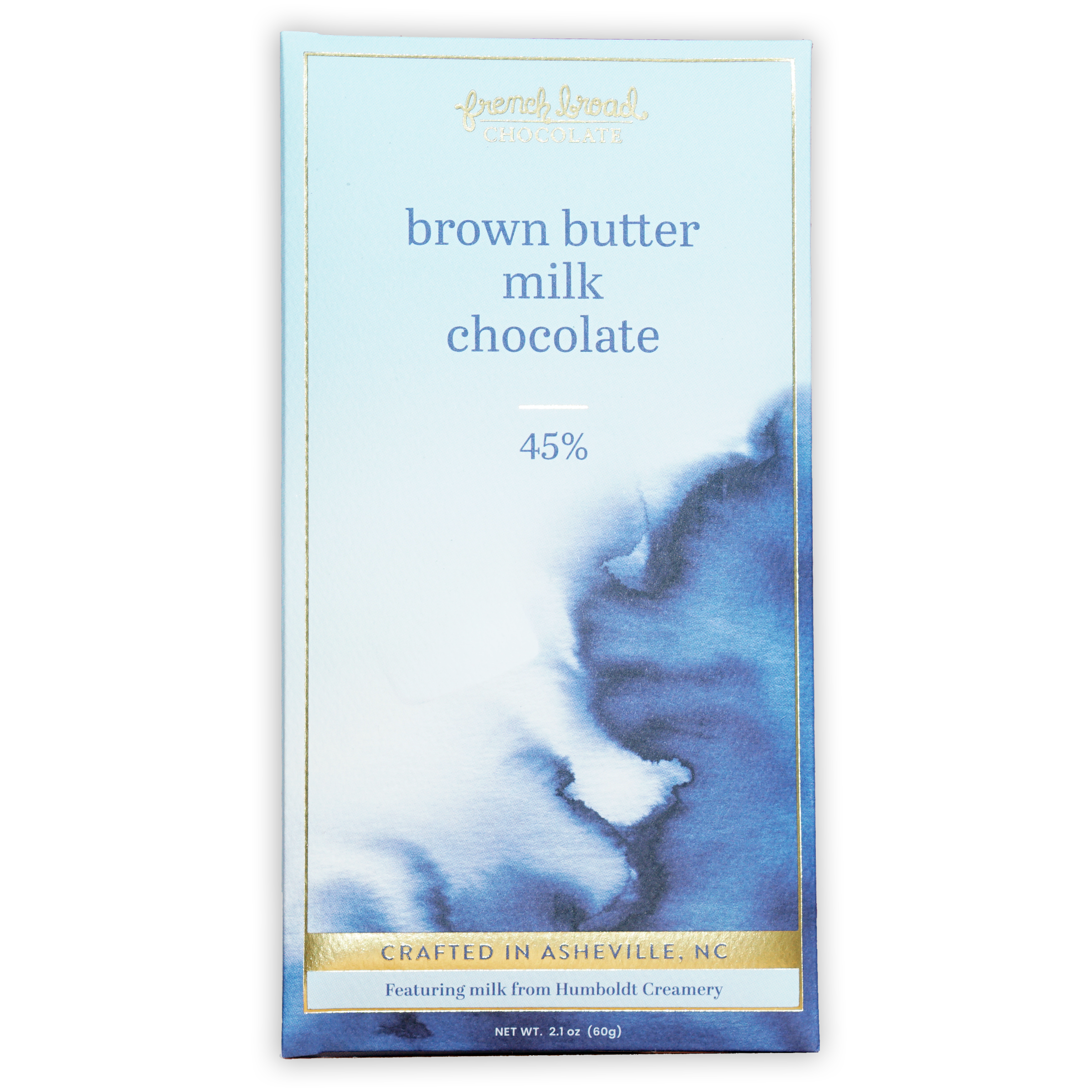 French Broad brown butter milk chocolate bar 45% in blue gold wrapper