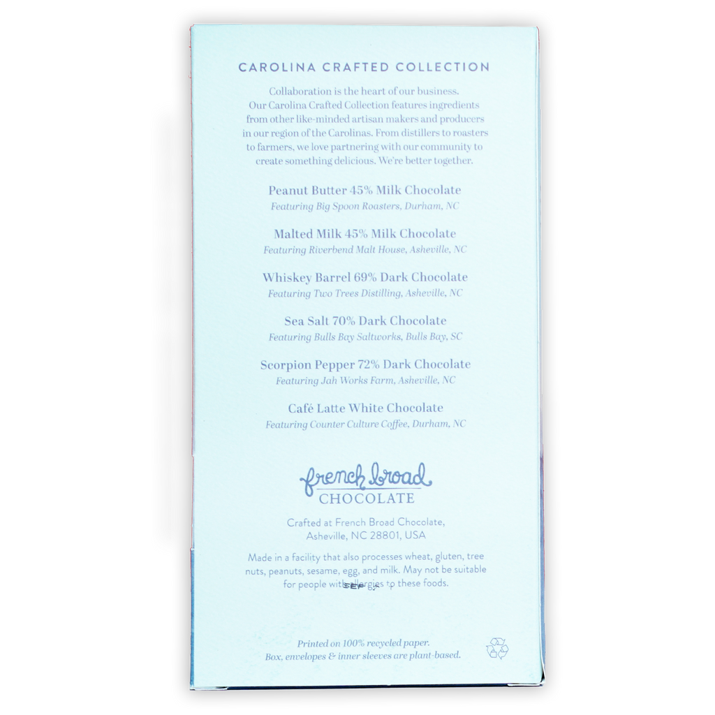 French Broad Chocolate Carolina Crafted 6 Bar Gift Set in light blue packaging