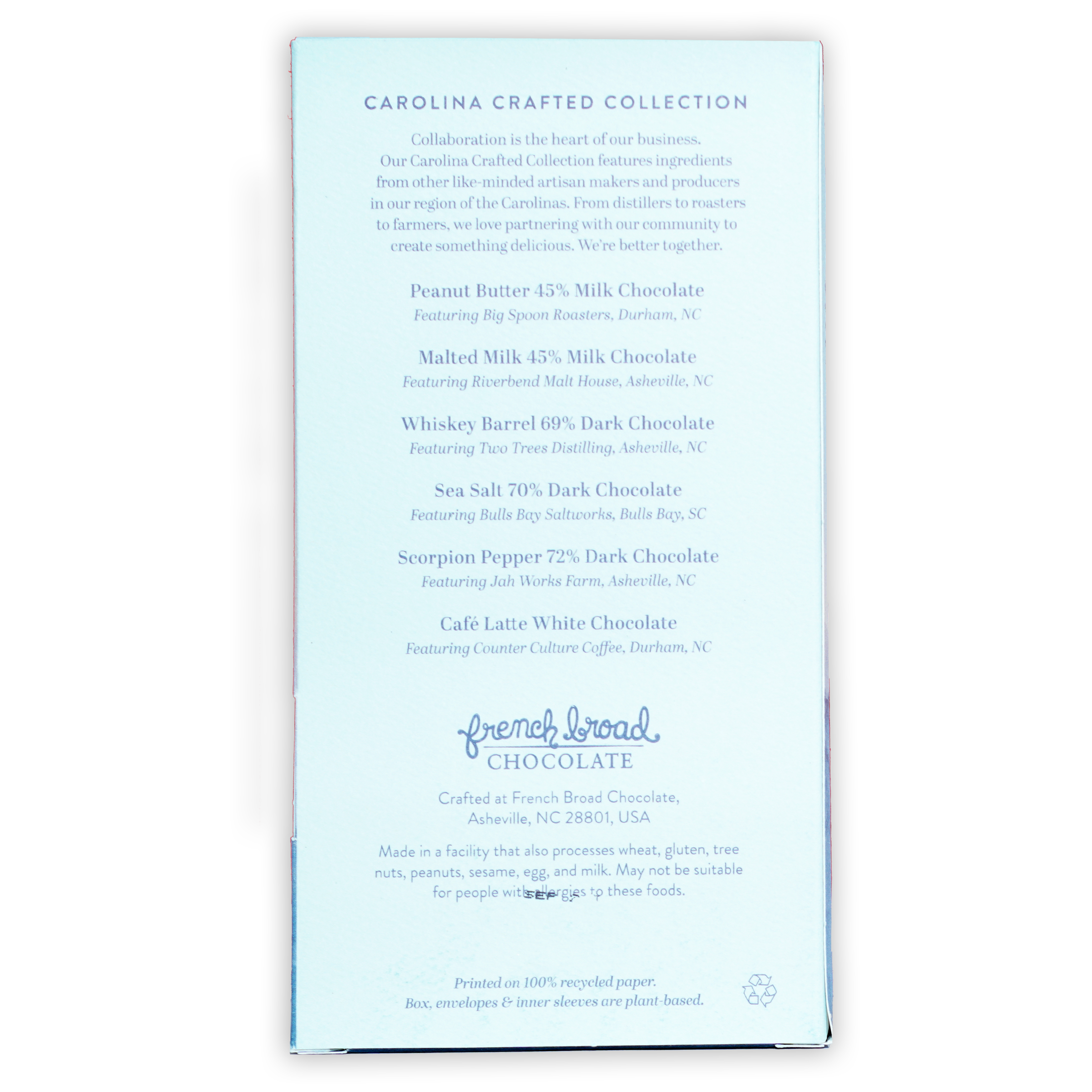 French Broad Chocolate Carolina Crafted 6 Bar Gift Set in light blue packaging