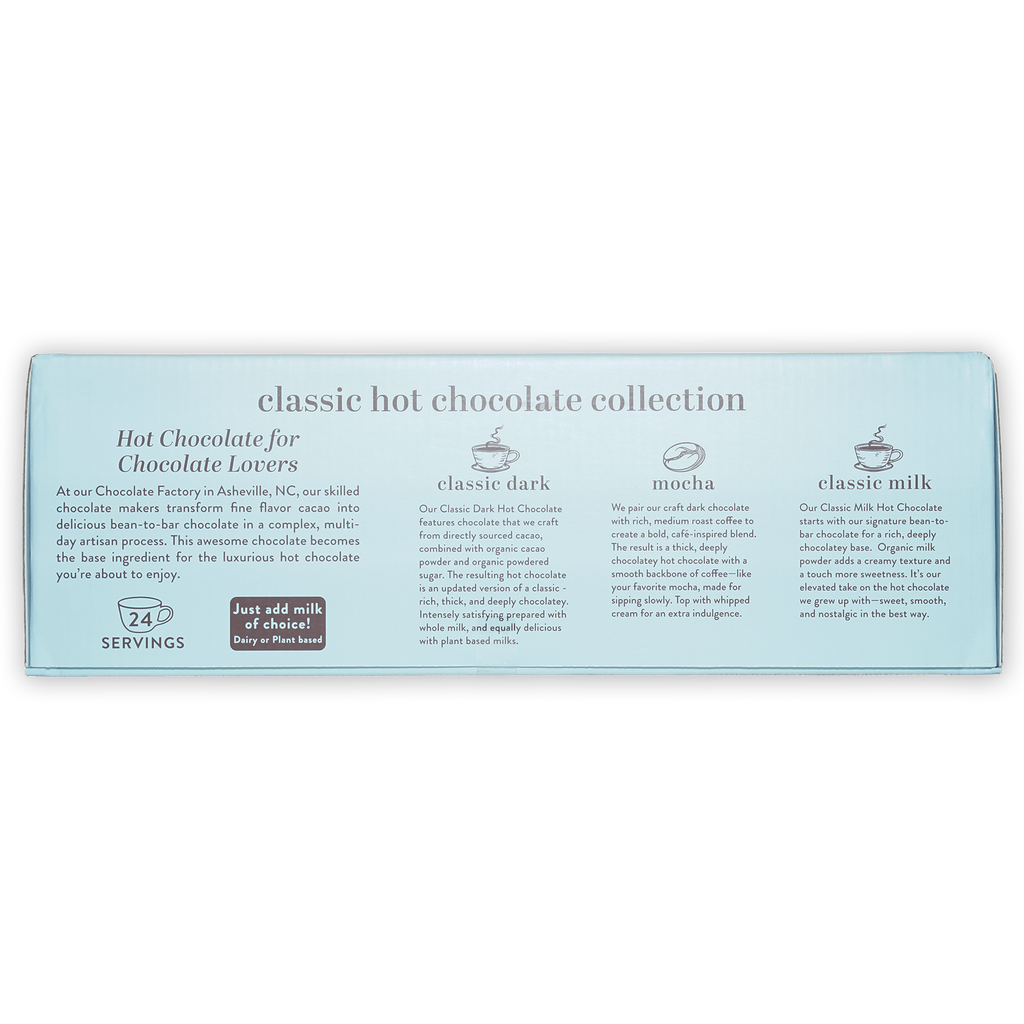 French Broad Classic Hot Chocolate Collection in light blue box with dark mocha milk varieties