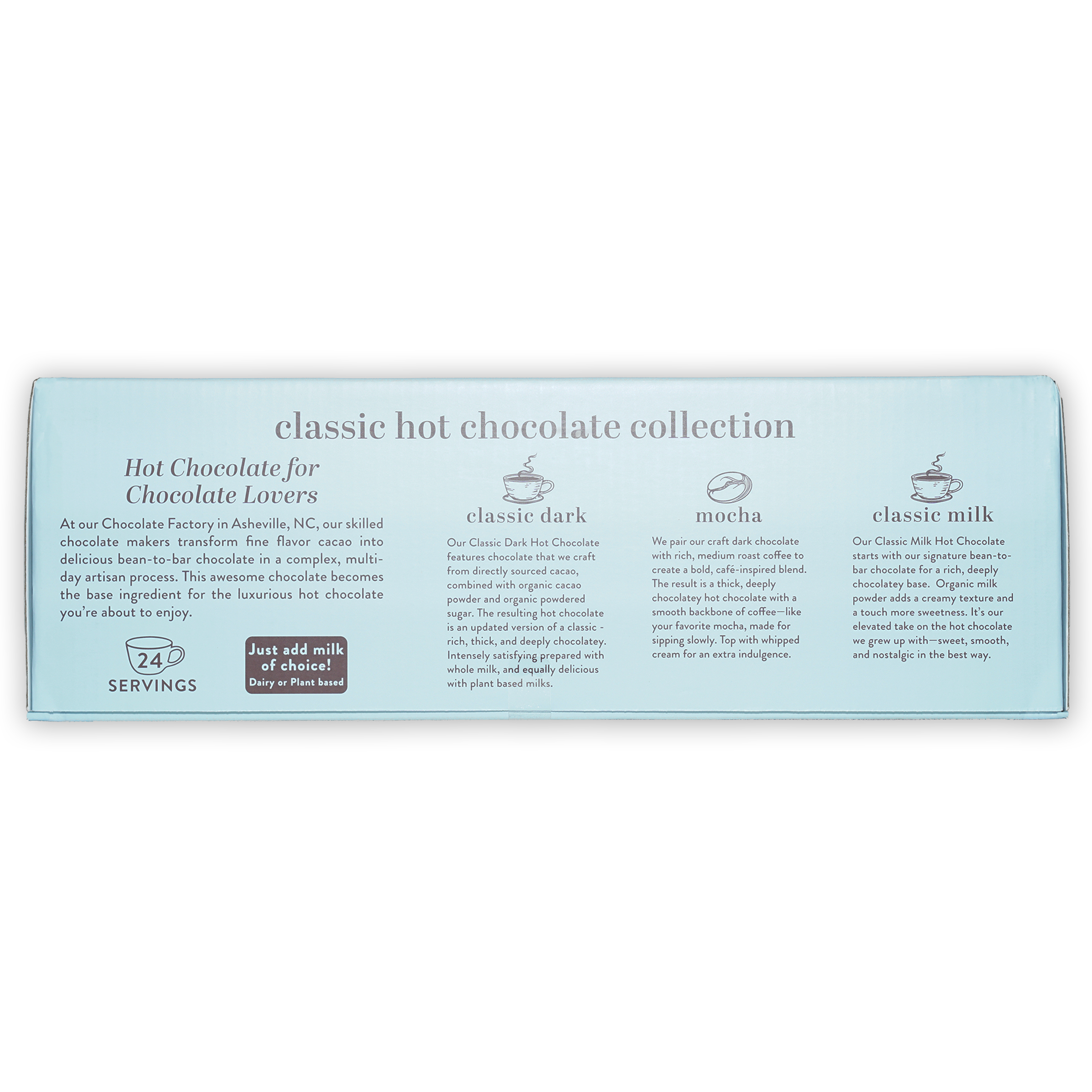 French Broad Classic Hot Chocolate Collection in light blue box with dark mocha milk varieties